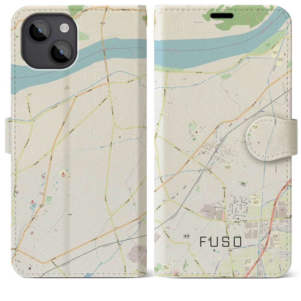 【扶桑(愛知県)】地図柄iPhoneケース(手帳タイプ)ナチュラル・iPhone 14 Plus 用