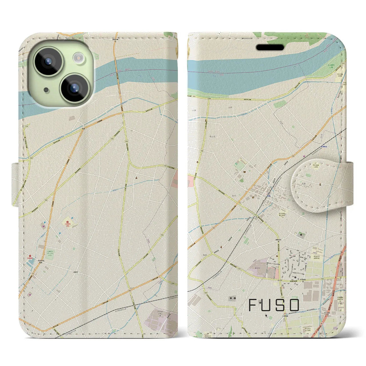 【扶桑(愛知県)】地図柄iPhoneケース(手帳タイプ)ナチュラル・iPhone 15 用