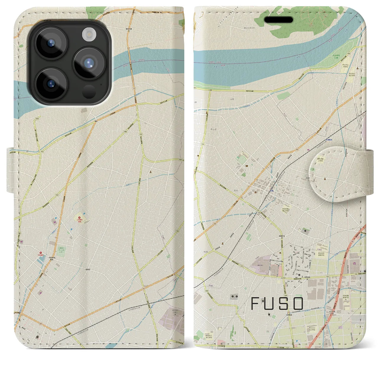 【扶桑(愛知県)】地図柄iPhoneケース(手帳タイプ)ナチュラル・iPhone 15 Pro Max 用