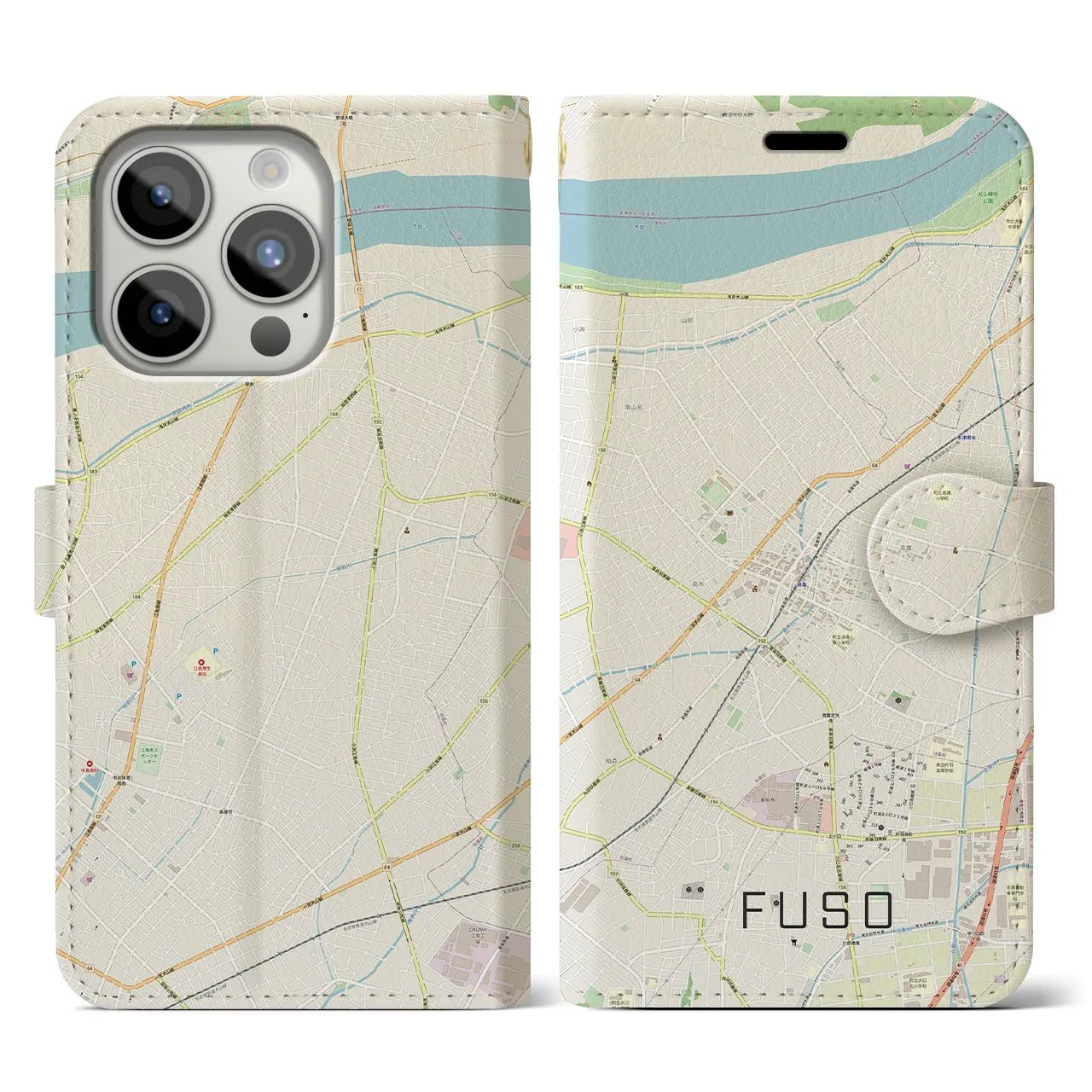【扶桑(愛知県)】地図柄iPhoneケース(手帳タイプ)ナチュラル・iPhone 15 Pro 用
