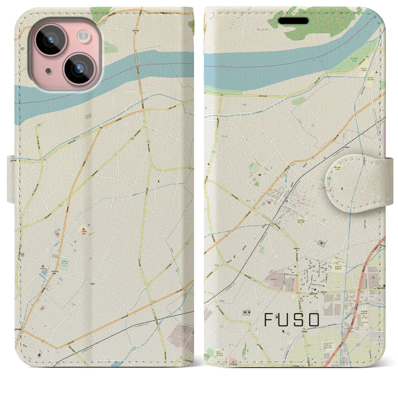 【扶桑(愛知県)】地図柄iPhoneケース(手帳タイプ)ナチュラル・iPhone 15 Plus 用