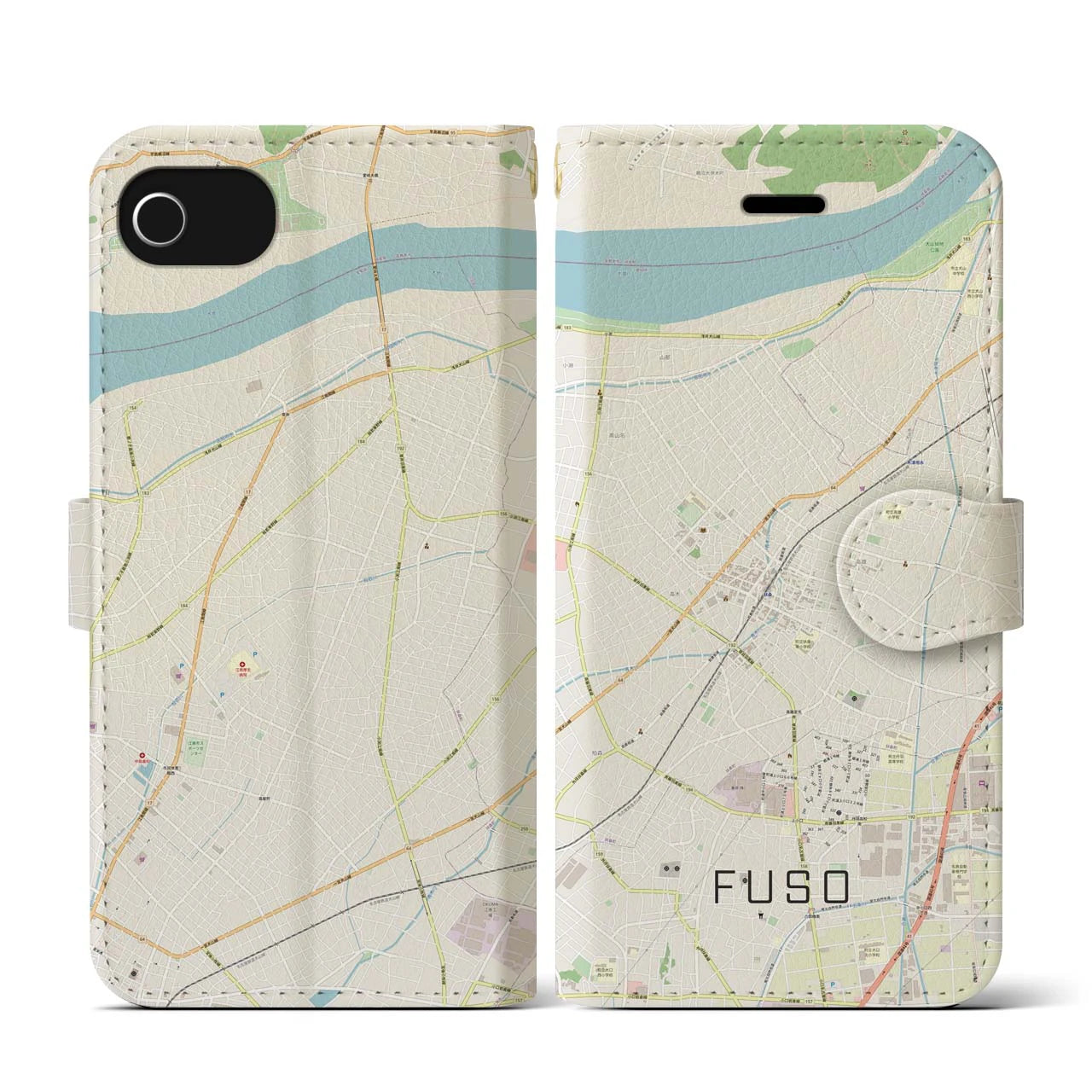 【扶桑(愛知県)】地図柄iPhoneケース(手帳タイプ)ナチュラル・iPhone SE(第3 / 第2世代) / 8 / 7 / 6s / 6 用