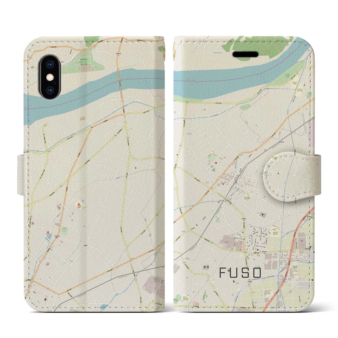 【扶桑(愛知県)】地図柄iPhoneケース(手帳タイプ)ナチュラル・iPhone XS / X 用