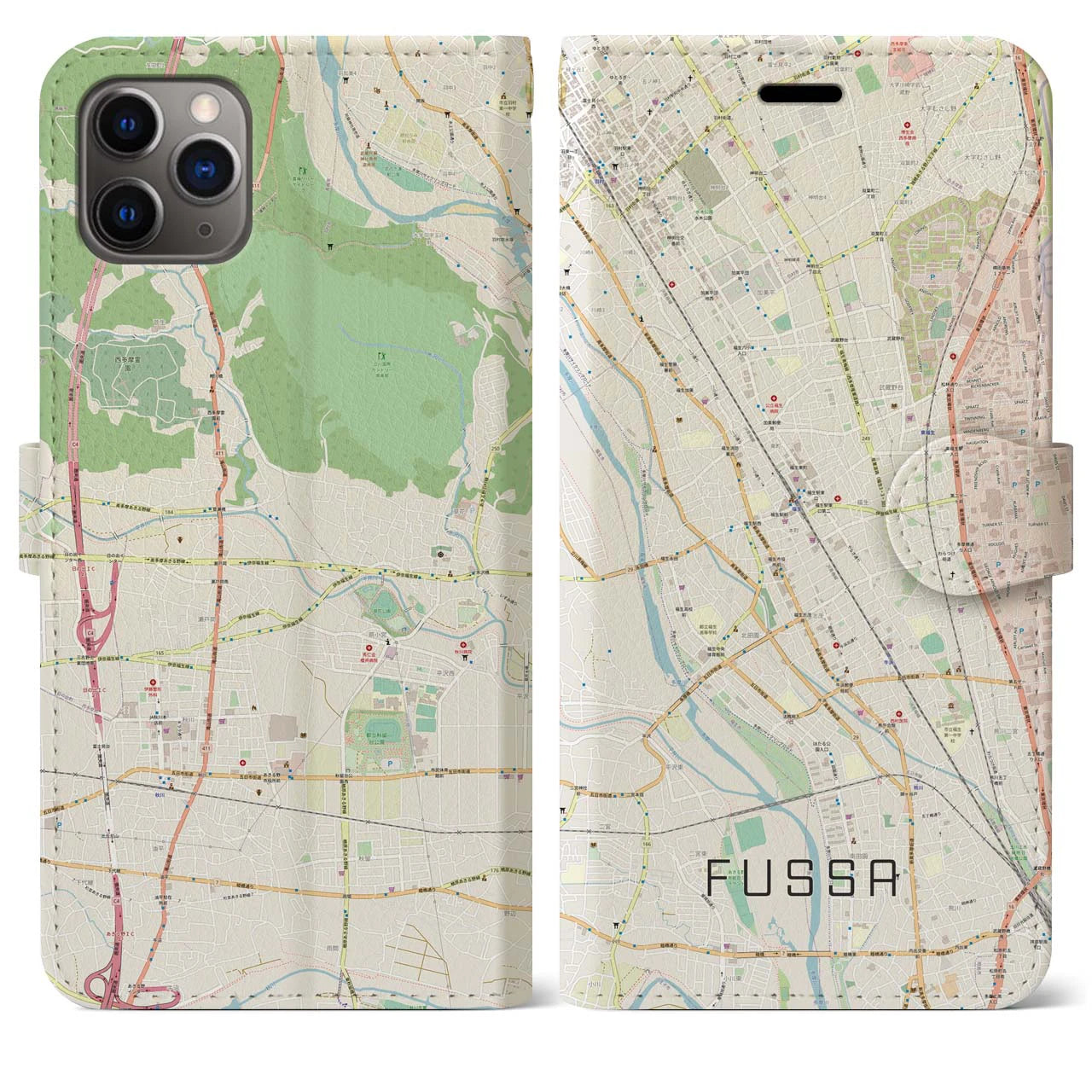 【福生(東京都)】地図柄iPhoneケース(手帳タイプ)ナチュラル・iPhone 11 Pro Max 用