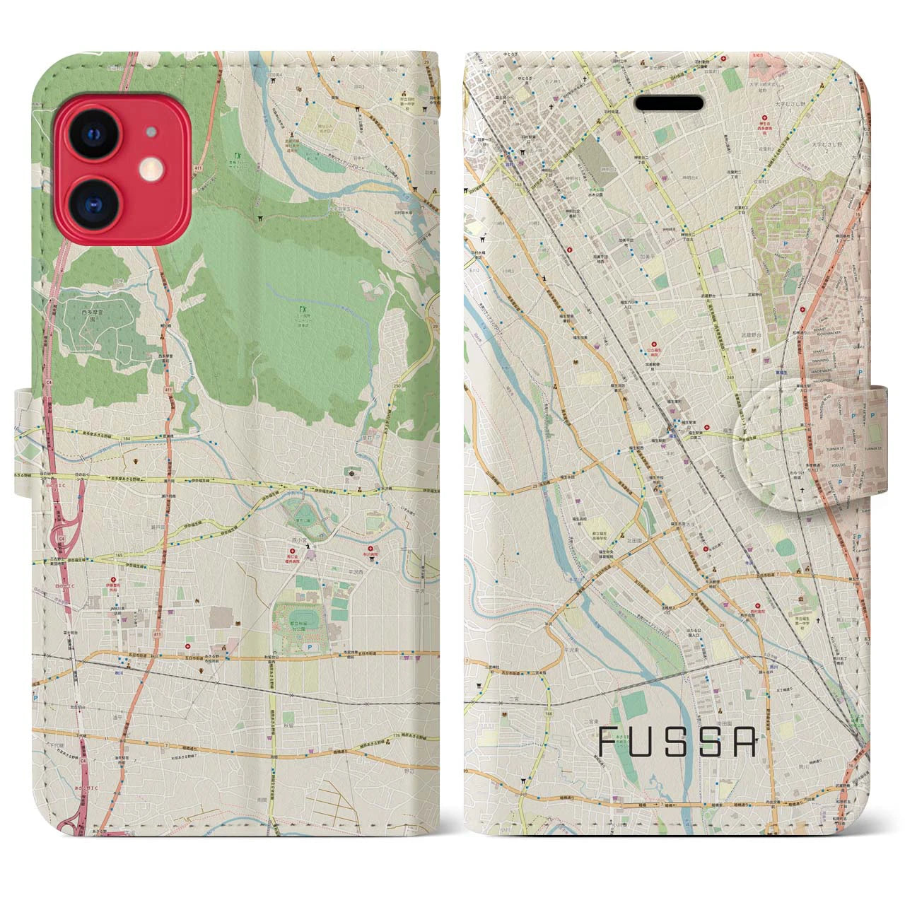 【福生(東京都)】地図柄iPhoneケース(手帳タイプ)ナチュラル・iPhone 11 用