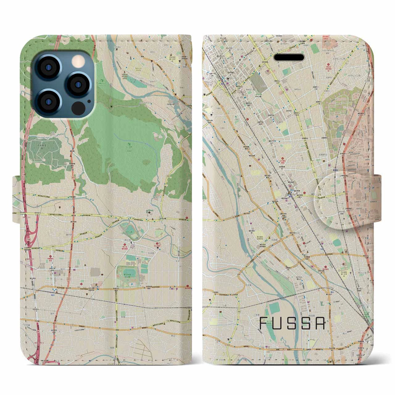 【福生(東京都)】地図柄iPhoneケース(手帳タイプ)ナチュラル・iPhone 12 / 12 Pro 用