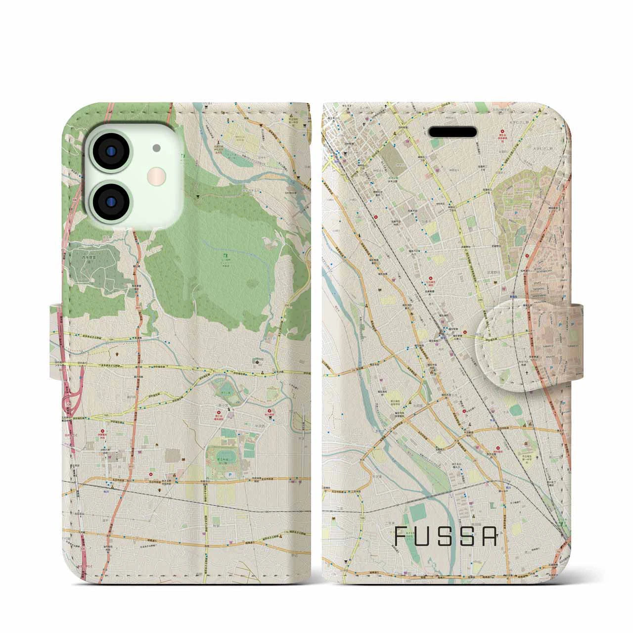 【福生(東京都)】地図柄iPhoneケース(手帳タイプ)ナチュラル・iPhone 12 mini 用