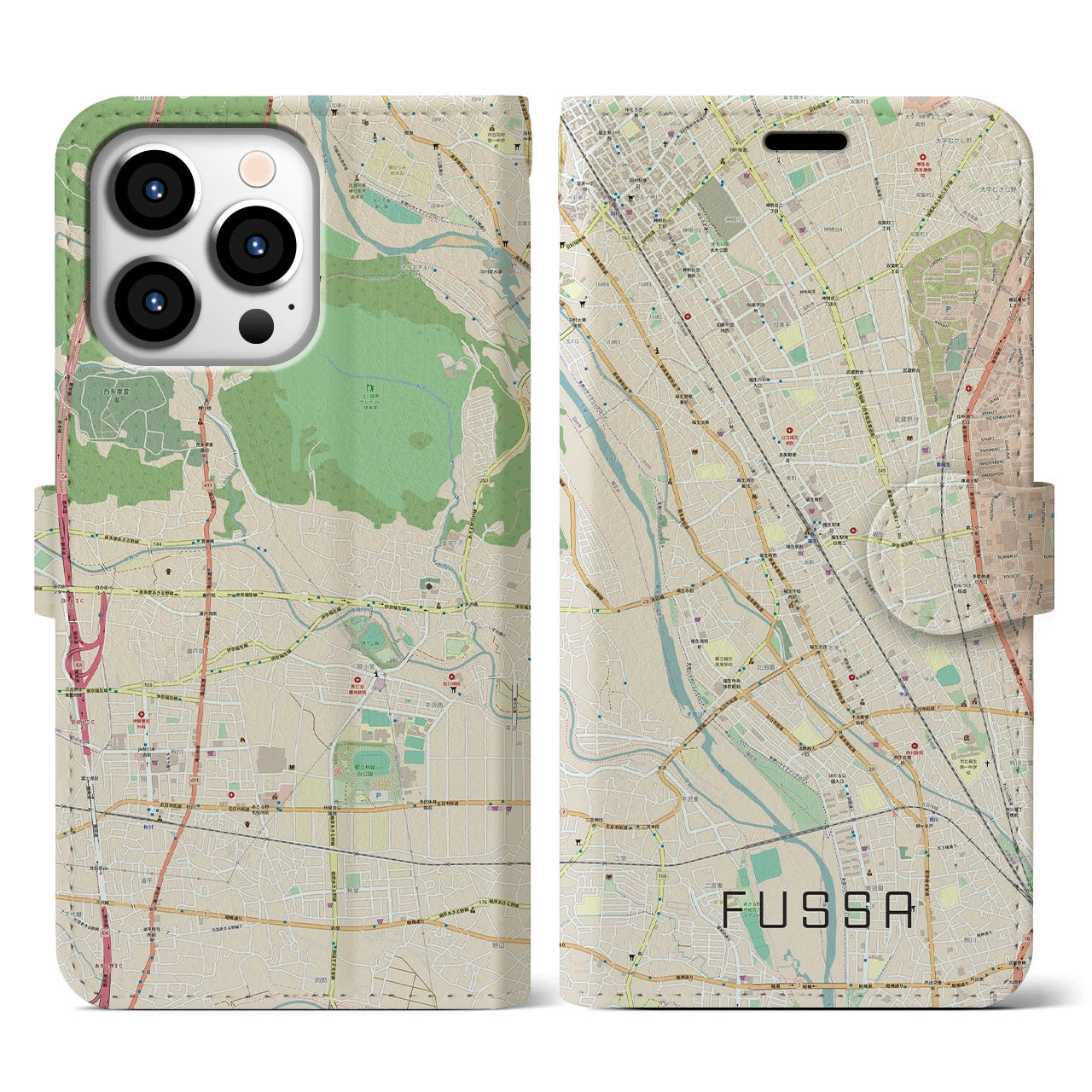 【福生(東京都)】地図柄iPhoneケース(手帳タイプ)ナチュラル・iPhone 13 Pro 用