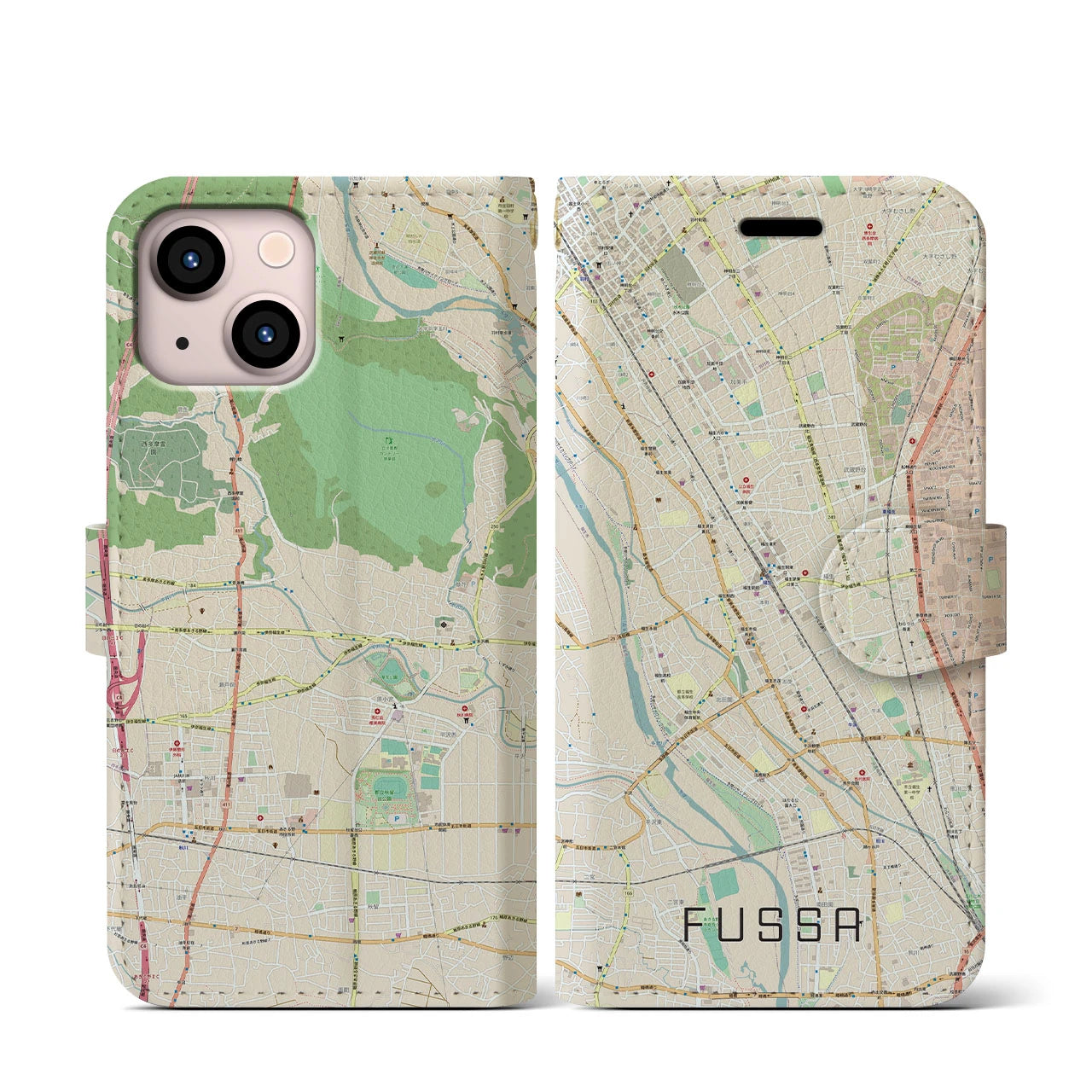 【福生(東京都)】地図柄iPhoneケース(手帳タイプ)ナチュラル・iPhone 13 mini 用