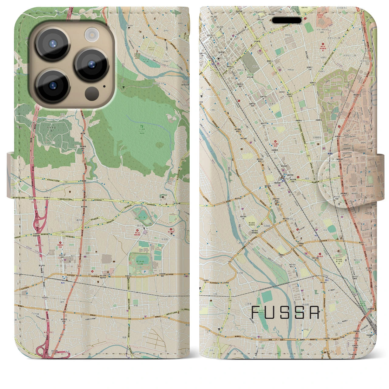 【福生(東京都)】地図柄iPhoneケース(手帳タイプ)ナチュラル・iPhone 14 Pro Max 用
