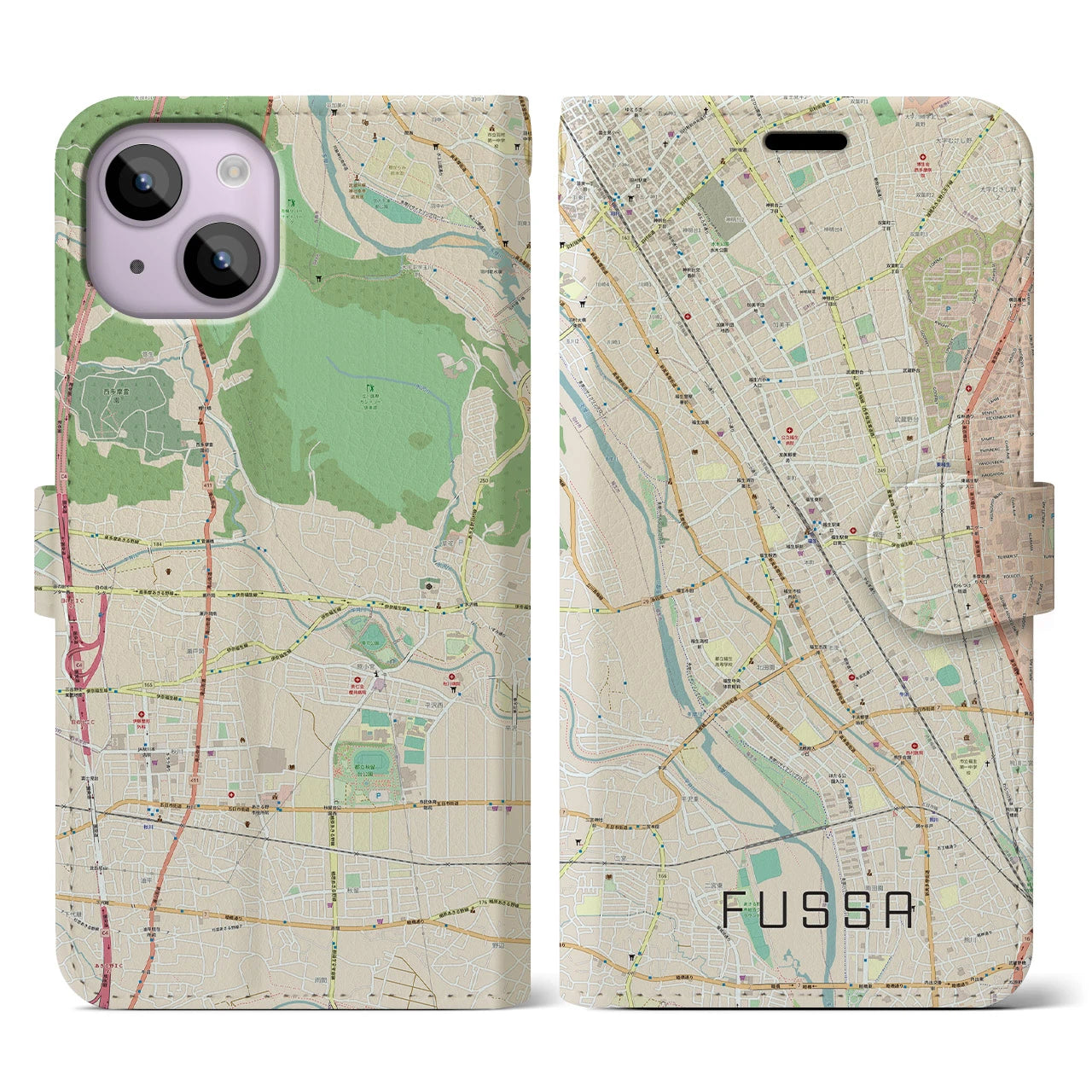 【福生(東京都)】地図柄iPhoneケース(手帳タイプ)ナチュラル・iPhone 14 用