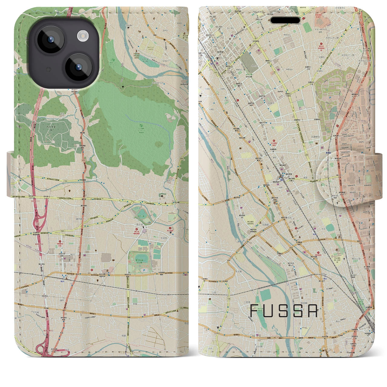 【福生(東京都)】地図柄iPhoneケース(手帳タイプ)ナチュラル・iPhone 14 Plus 用