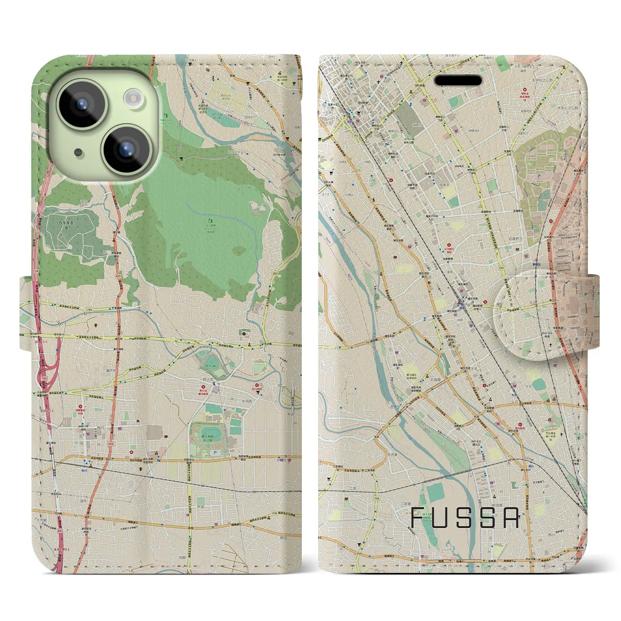 【福生(東京都)】地図柄iPhoneケース(手帳タイプ)ナチュラル・iPhone 15 用