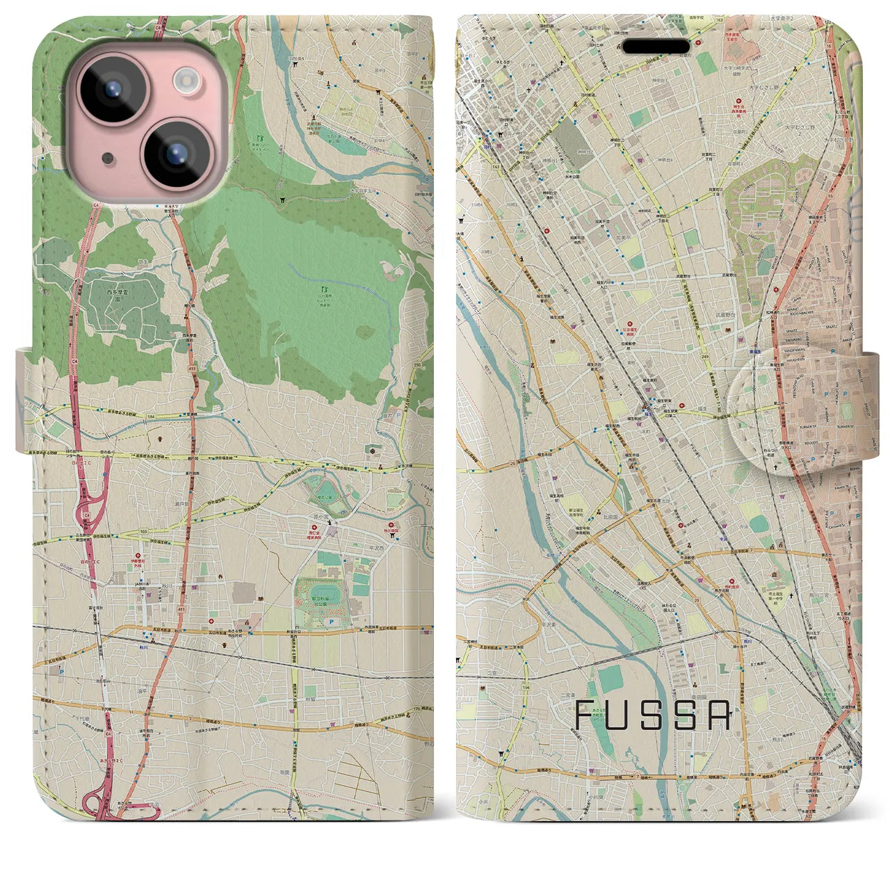 【福生(東京都)】地図柄iPhoneケース(手帳タイプ)ナチュラル・iPhone 15 Plus 用