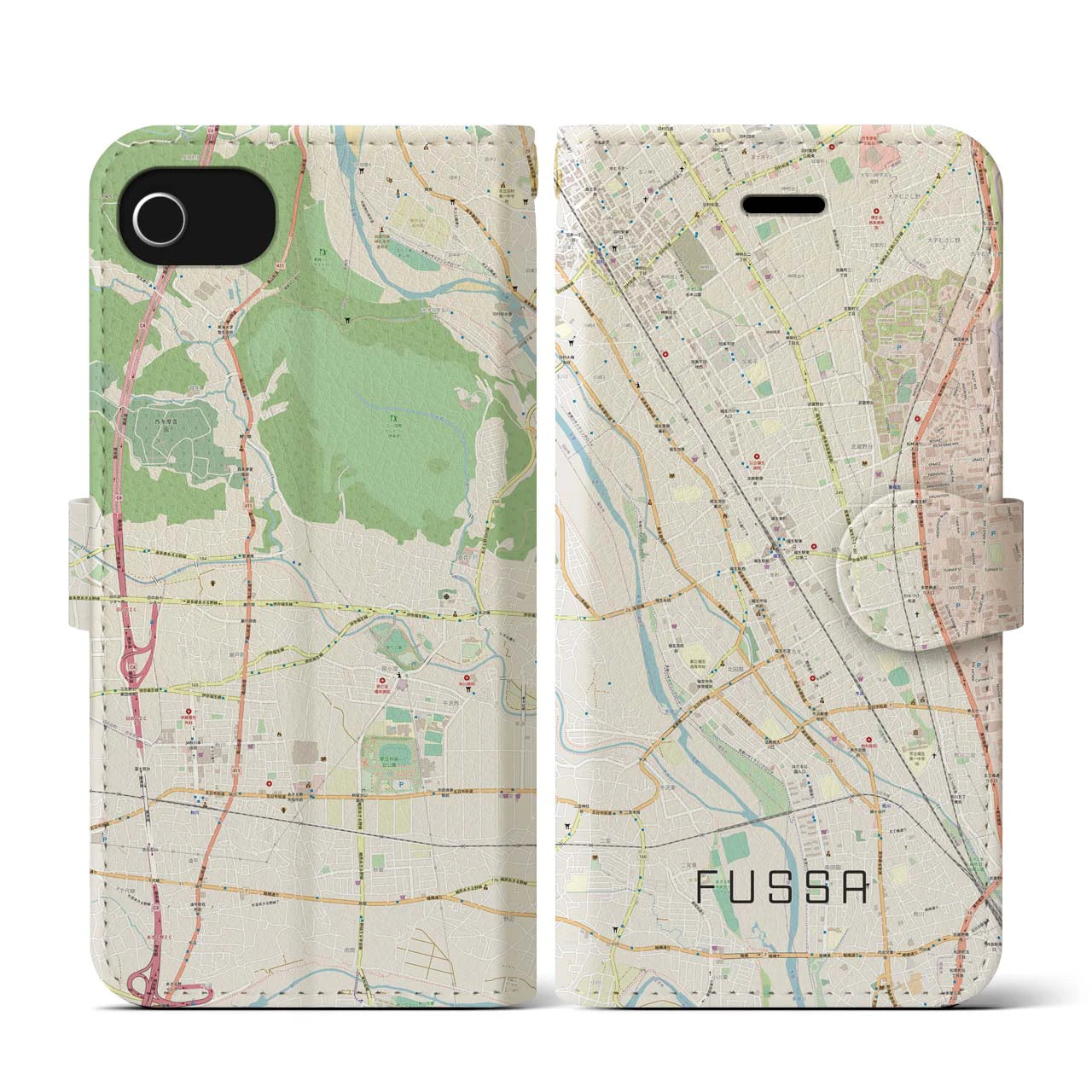 【福生(東京都)】地図柄iPhoneケース(手帳タイプ)ナチュラル・iPhone SE(第3 / 第2世代) / 8 / 7 / 6s / 6 用