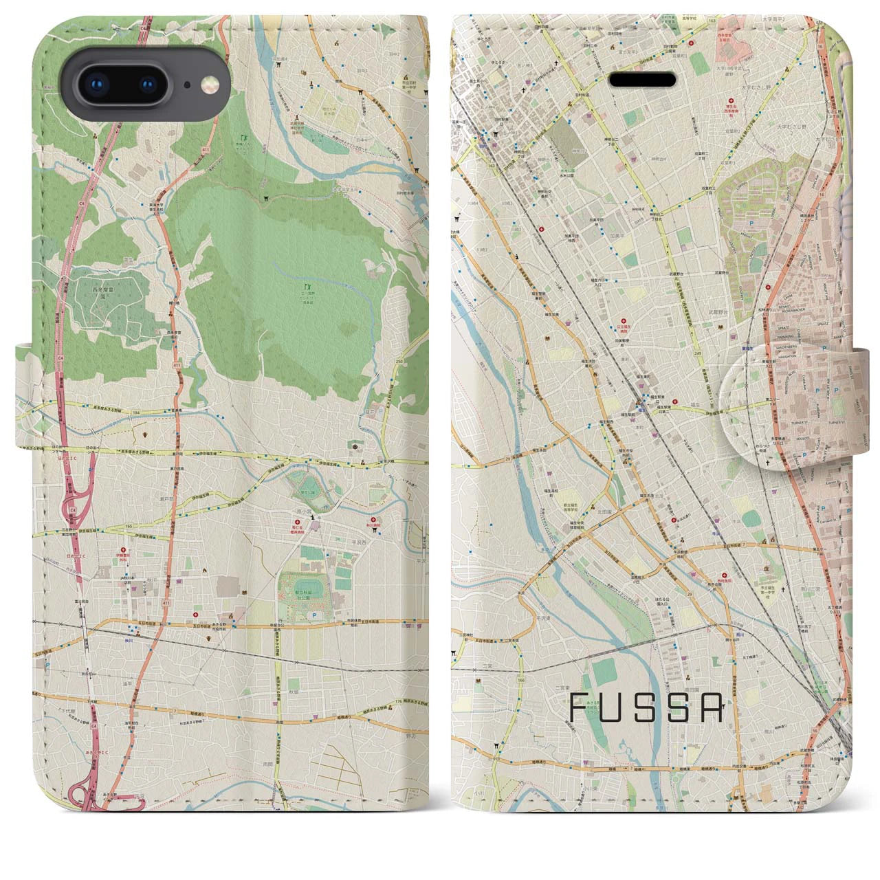 【福生(東京都)】地図柄iPhoneケース(手帳タイプ)ナチュラル・iPhone 8Plus /7Plus / 6sPlus / 6Plus 用