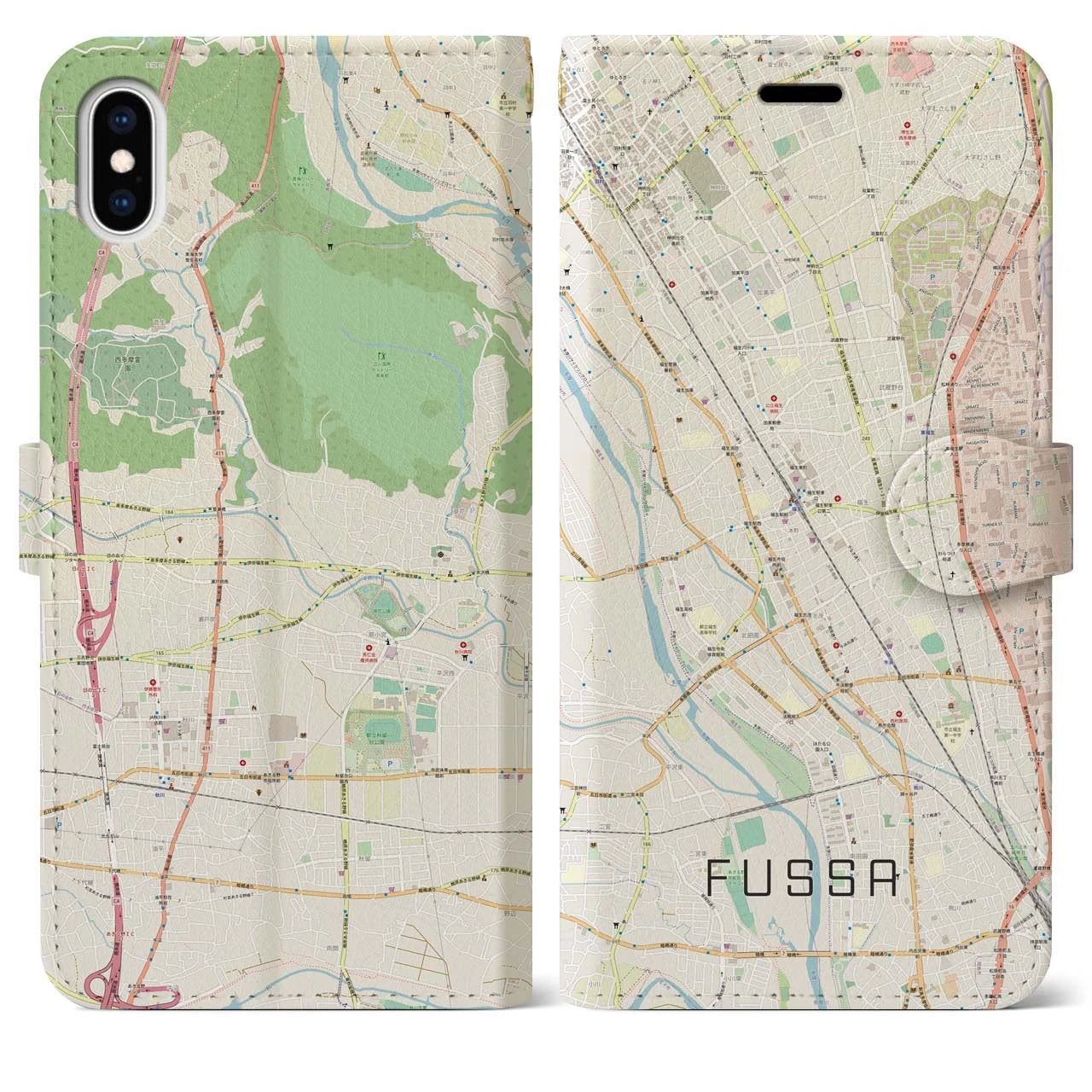 【福生(東京都)】地図柄iPhoneケース(手帳タイプ)ナチュラル・iPhone XS Max 用