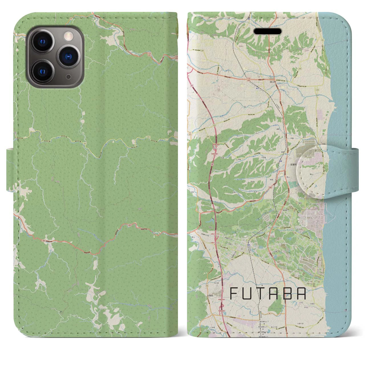 【双葉(福島県)】地図柄iPhoneケース(手帳タイプ)ナチュラル・iPhone 11 Pro Max 用