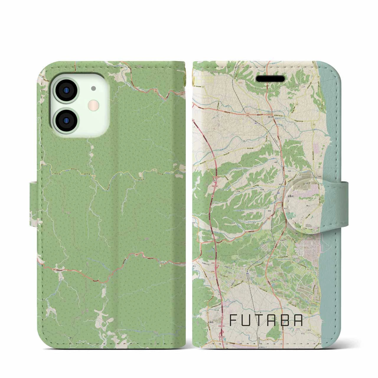 【双葉(福島県)】地図柄iPhoneケース(手帳タイプ)ナチュラル・iPhone 12 mini 用