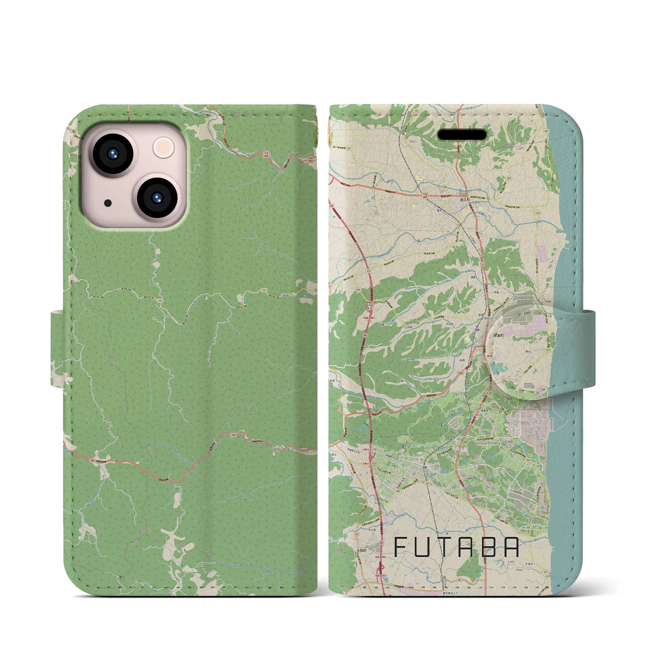 【双葉(福島県)】地図柄iPhoneケース(手帳タイプ)ナチュラル・iPhone 13 mini 用