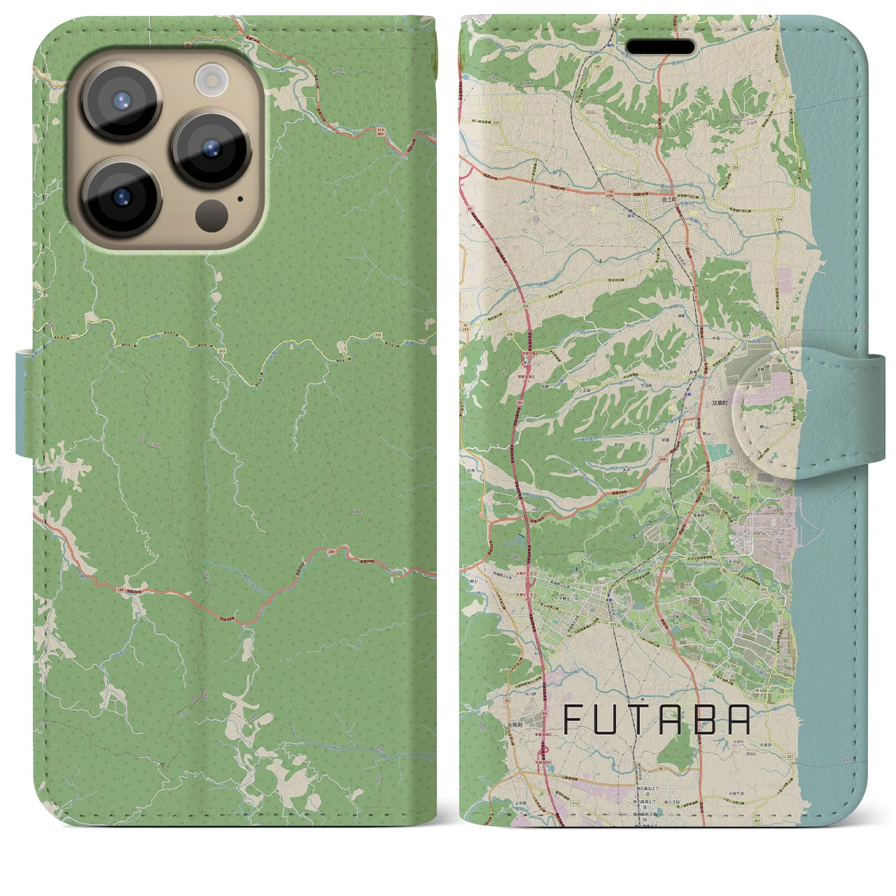 【双葉(福島県)】地図柄iPhoneケース(手帳タイプ)ナチュラル・iPhone 14 Pro Max 用