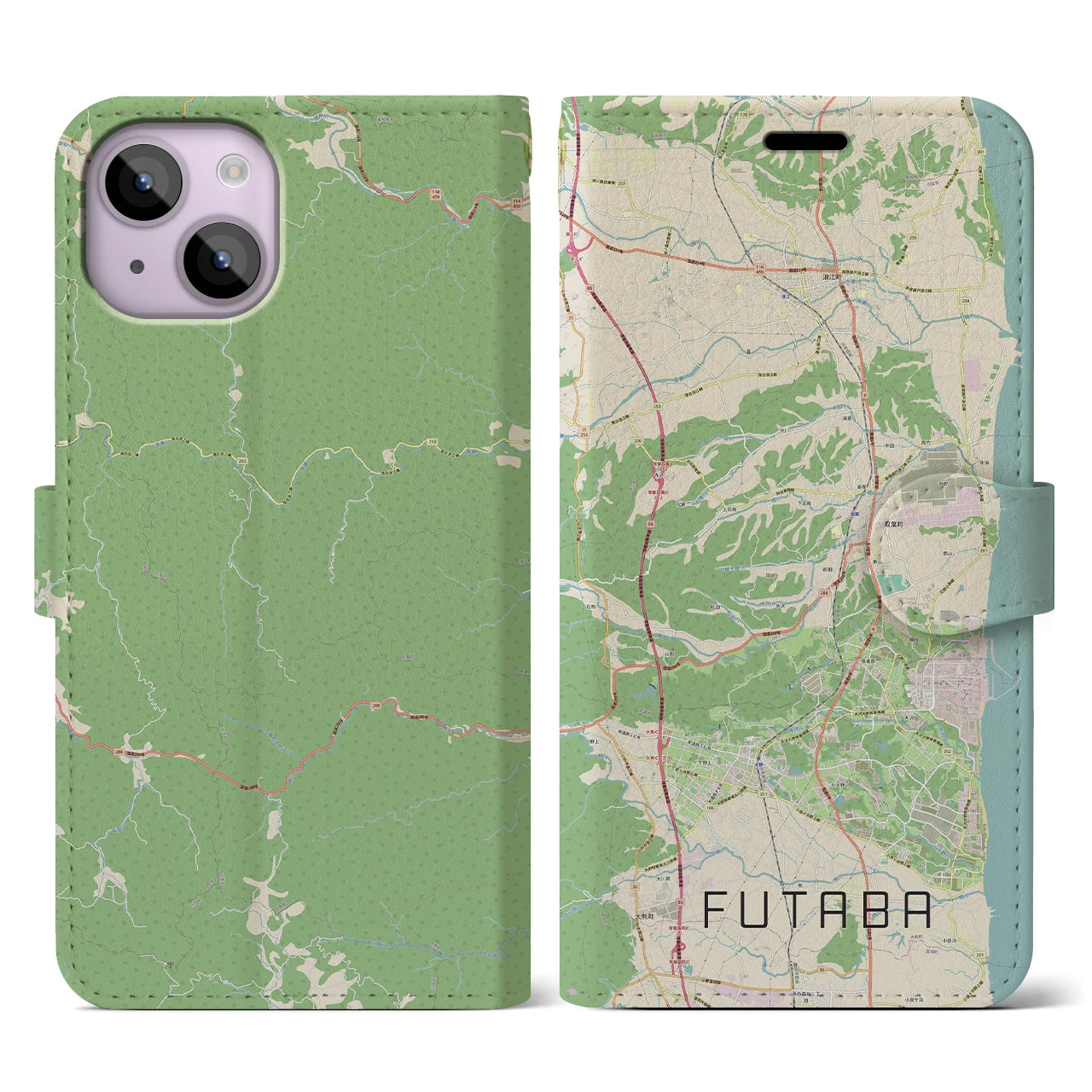 【双葉(福島県)】地図柄iPhoneケース(手帳タイプ)ナチュラル・iPhone 14 用