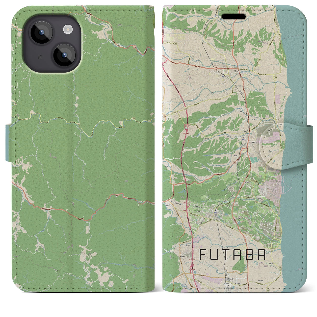 【双葉(福島県)】地図柄iPhoneケース(手帳タイプ)ナチュラル・iPhone 14 Plus 用
