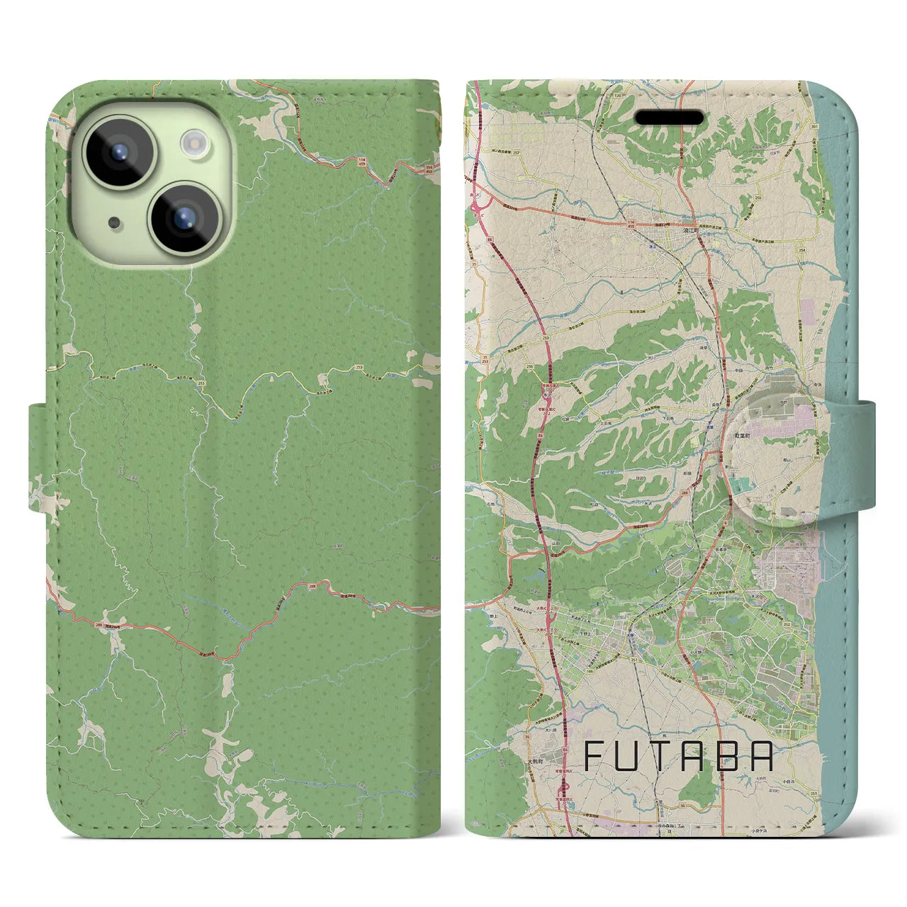 【双葉(福島県)】地図柄iPhoneケース(手帳タイプ)ナチュラル・iPhone 15 用