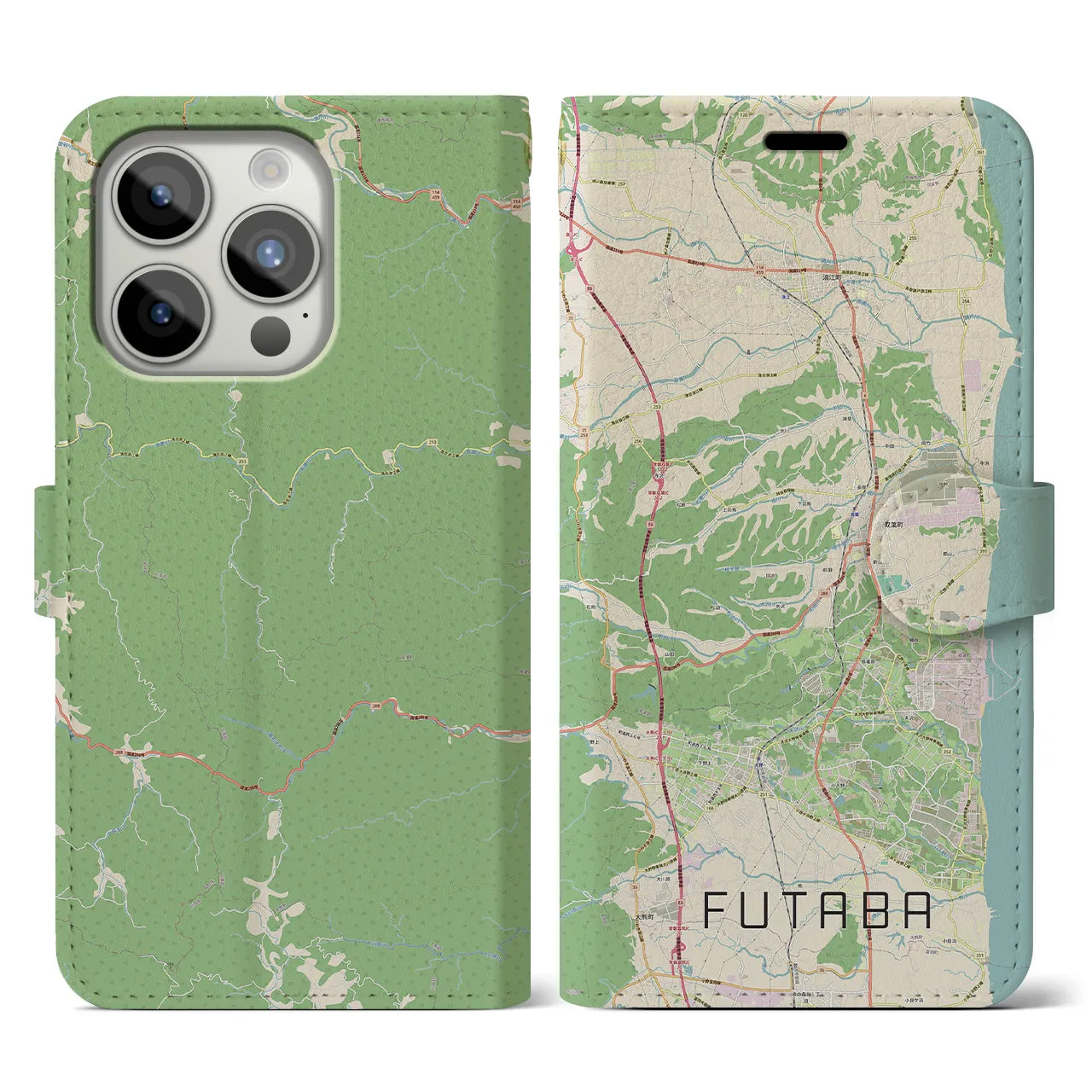 【双葉(福島県)】地図柄iPhoneケース(手帳タイプ)ナチュラル・iPhone 15 Pro 用