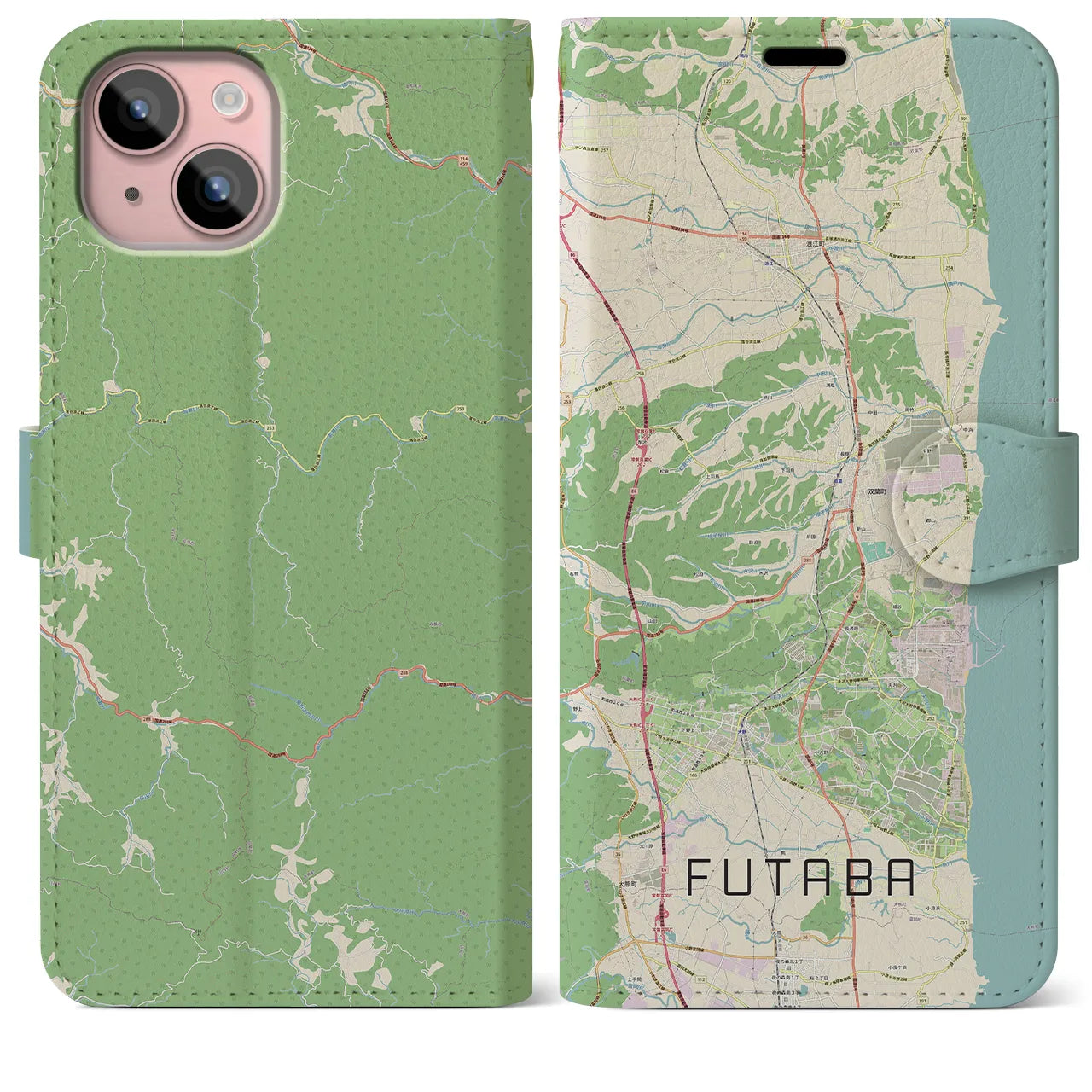 【双葉(福島県)】地図柄iPhoneケース(手帳タイプ)ナチュラル・iPhone 15 Plus 用