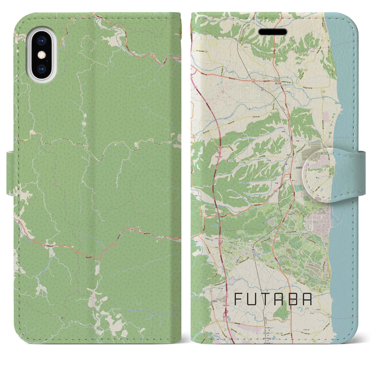 【双葉(福島県)】地図柄iPhoneケース(手帳タイプ)ナチュラル・iPhone XS Max 用