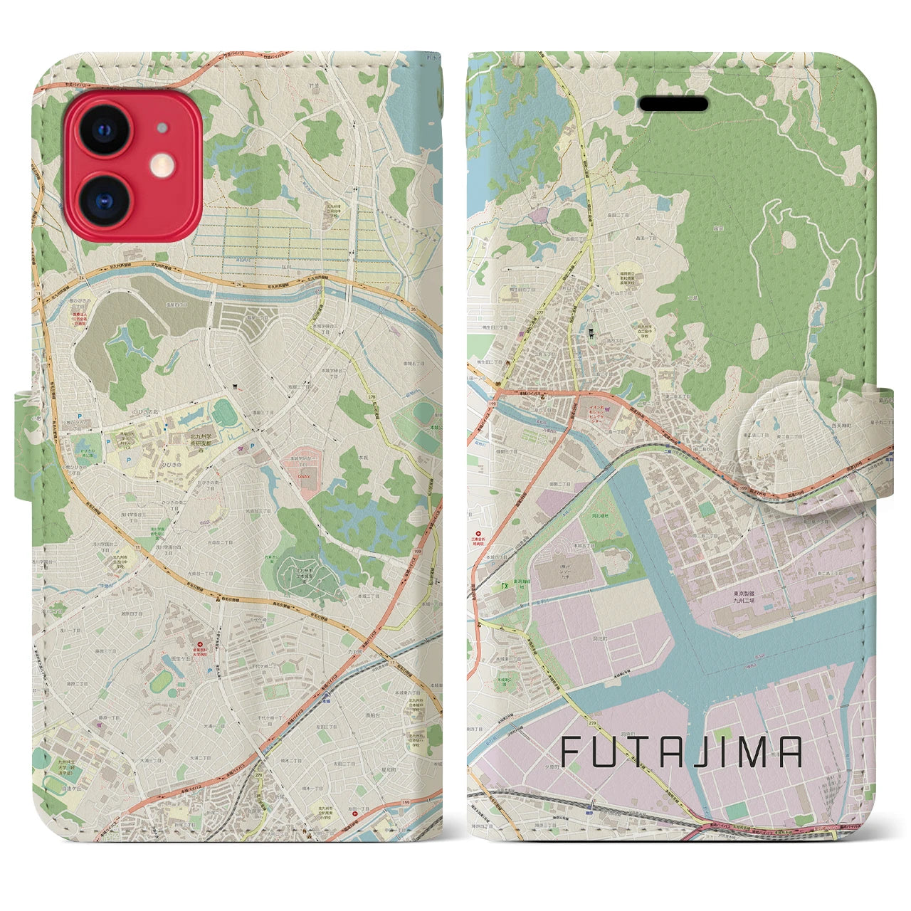 【二島(福岡県)】地図柄iPhoneケース(手帳タイプ)ナチュラル・iPhone 11 用
