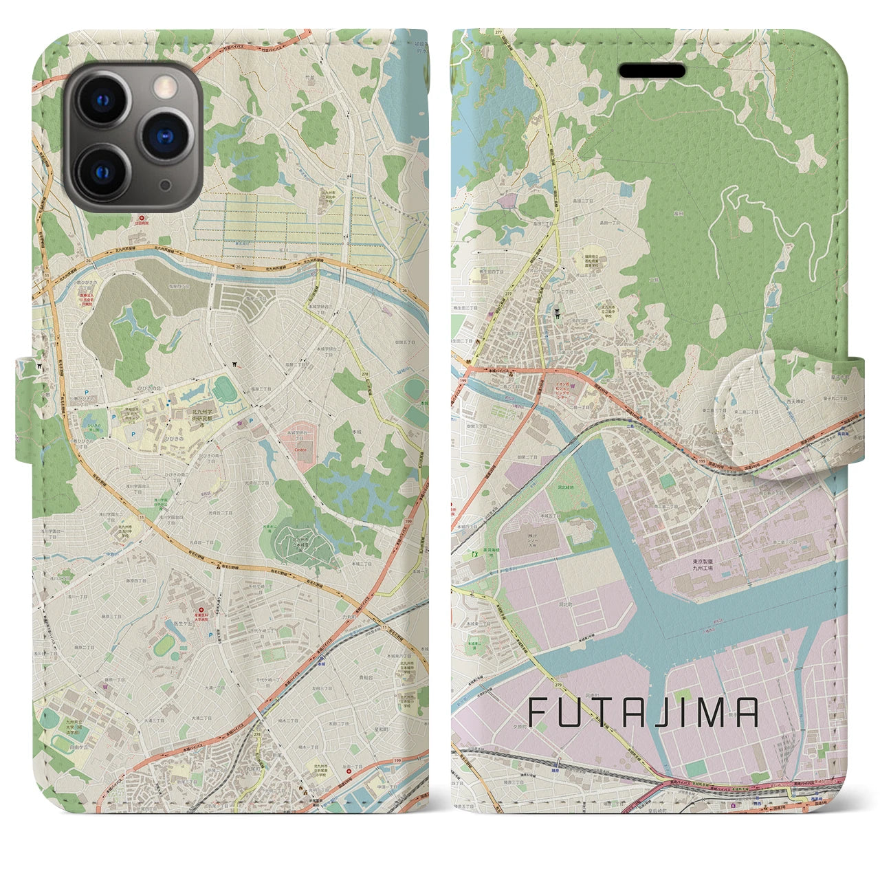 【二島(福岡県)】地図柄iPhoneケース(手帳タイプ)ナチュラル・iPhone 11 Pro Max 用