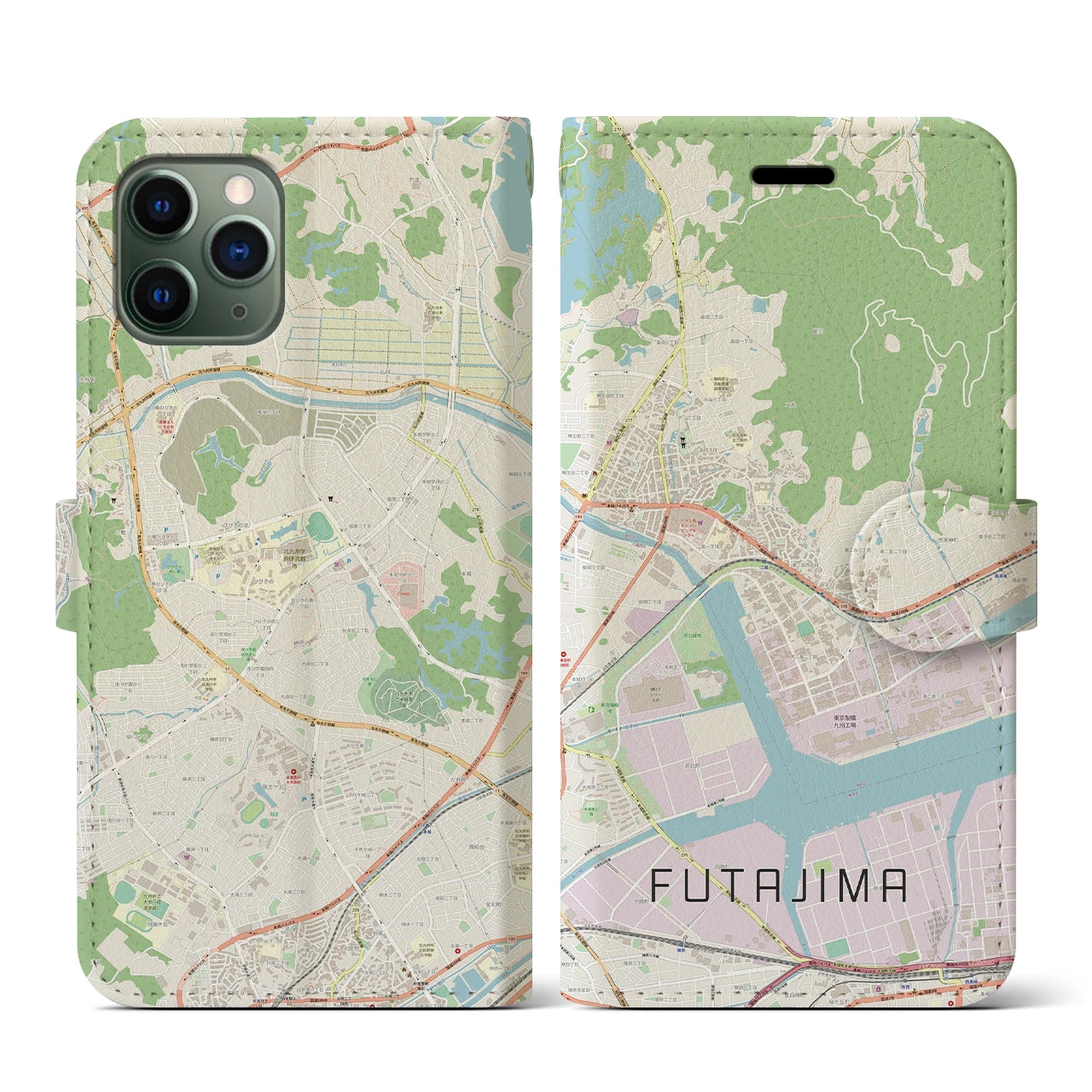 【二島(福岡県)】地図柄iPhoneケース(手帳タイプ)ナチュラル・iPhone 11 Pro 用
