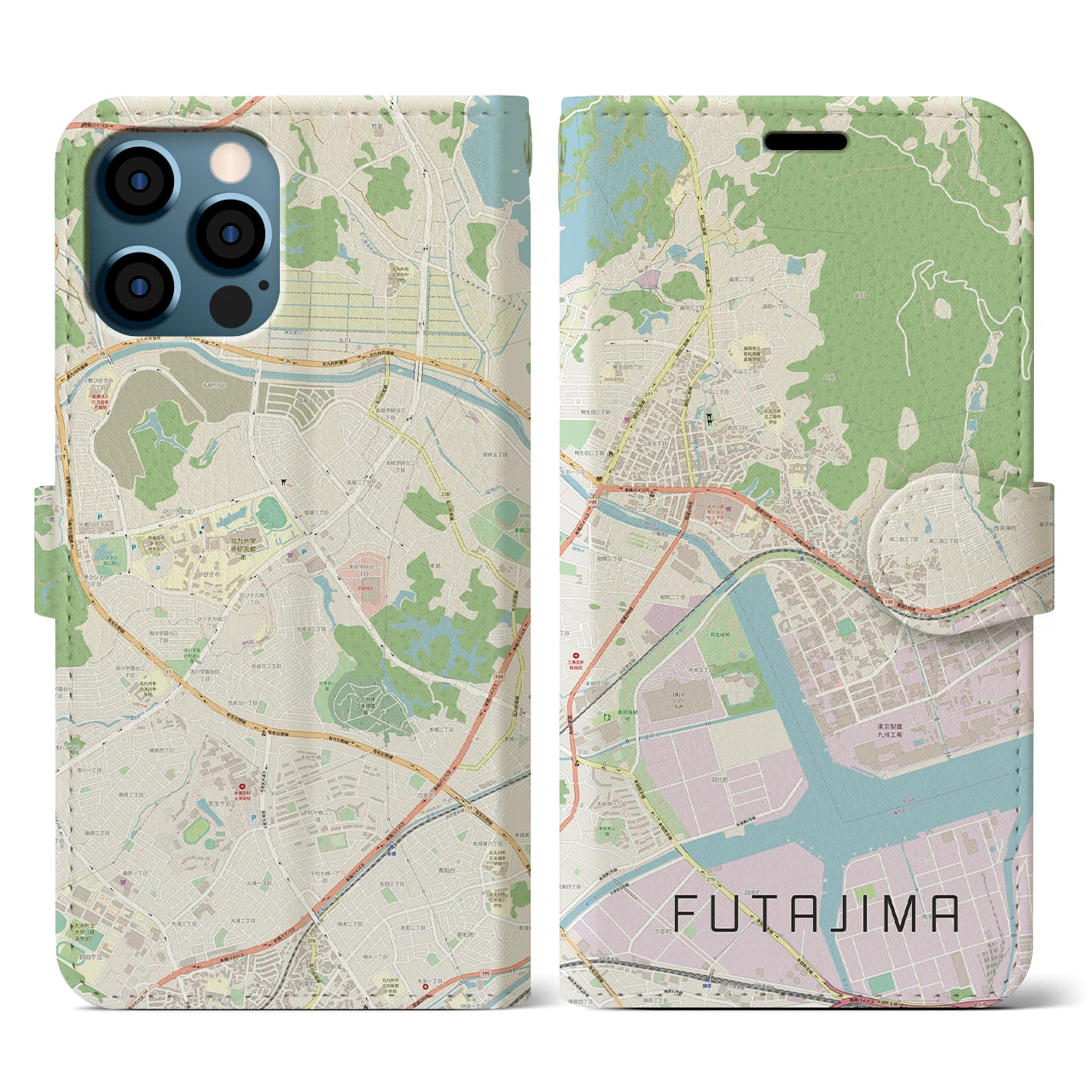 【二島(福岡県)】地図柄iPhoneケース(手帳タイプ)ナチュラル・iPhone 12 / 12 Pro 用