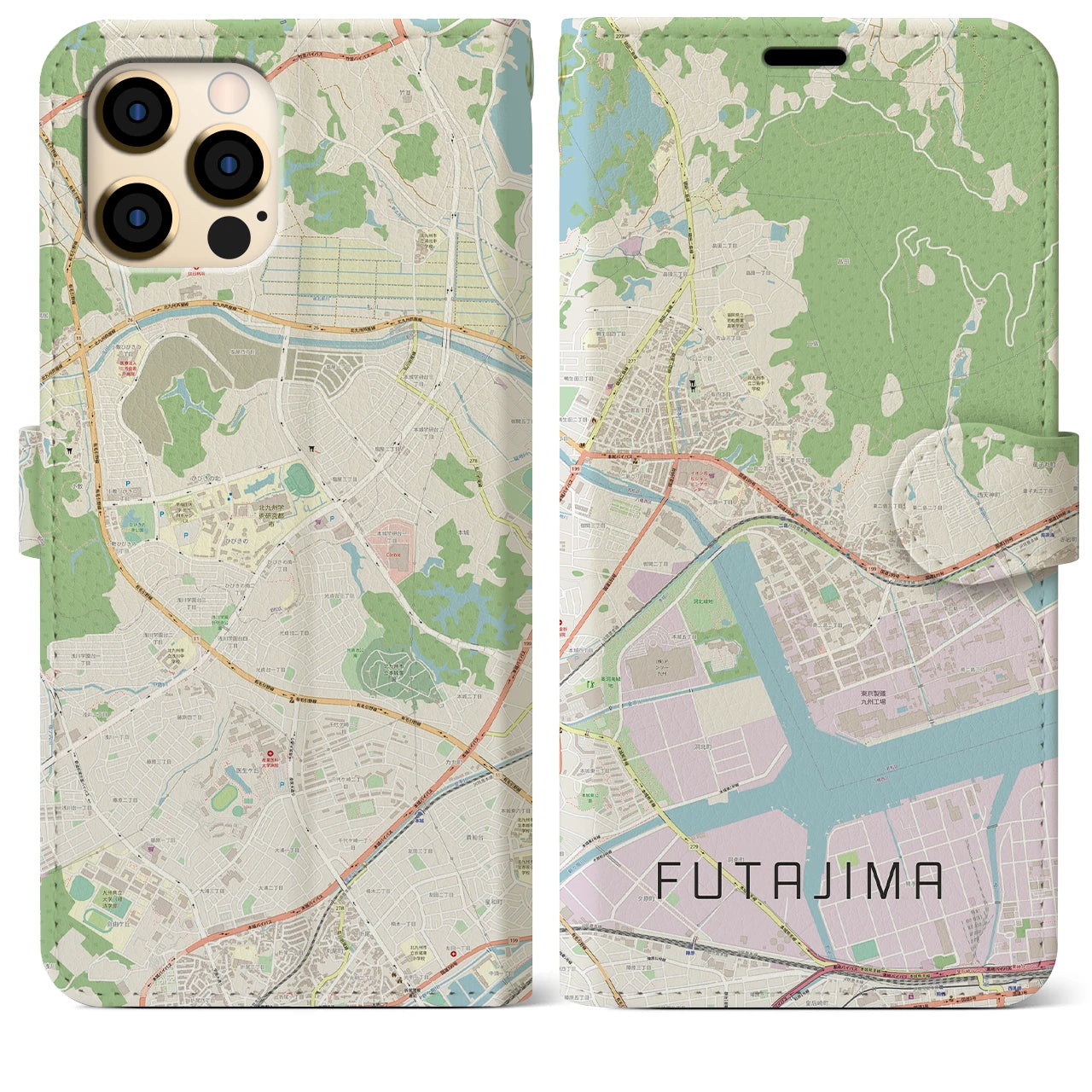 【二島(福岡県)】地図柄iPhoneケース(手帳タイプ)ナチュラル・iPhone 12 Pro Max 用
