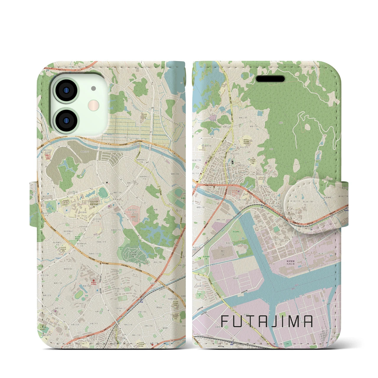 【二島(福岡県)】地図柄iPhoneケース(手帳タイプ)ナチュラル・iPhone 12 mini 用