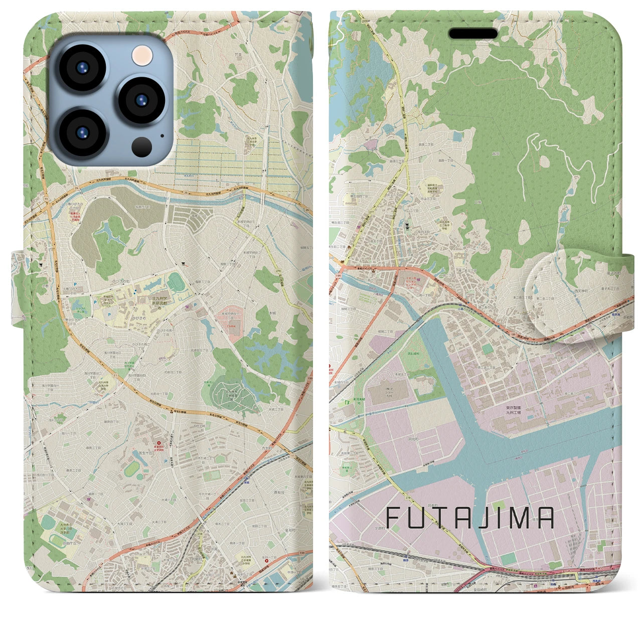 【二島(福岡県)】地図柄iPhoneケース(手帳タイプ)ナチュラル・iPhone 13 Pro Max 用