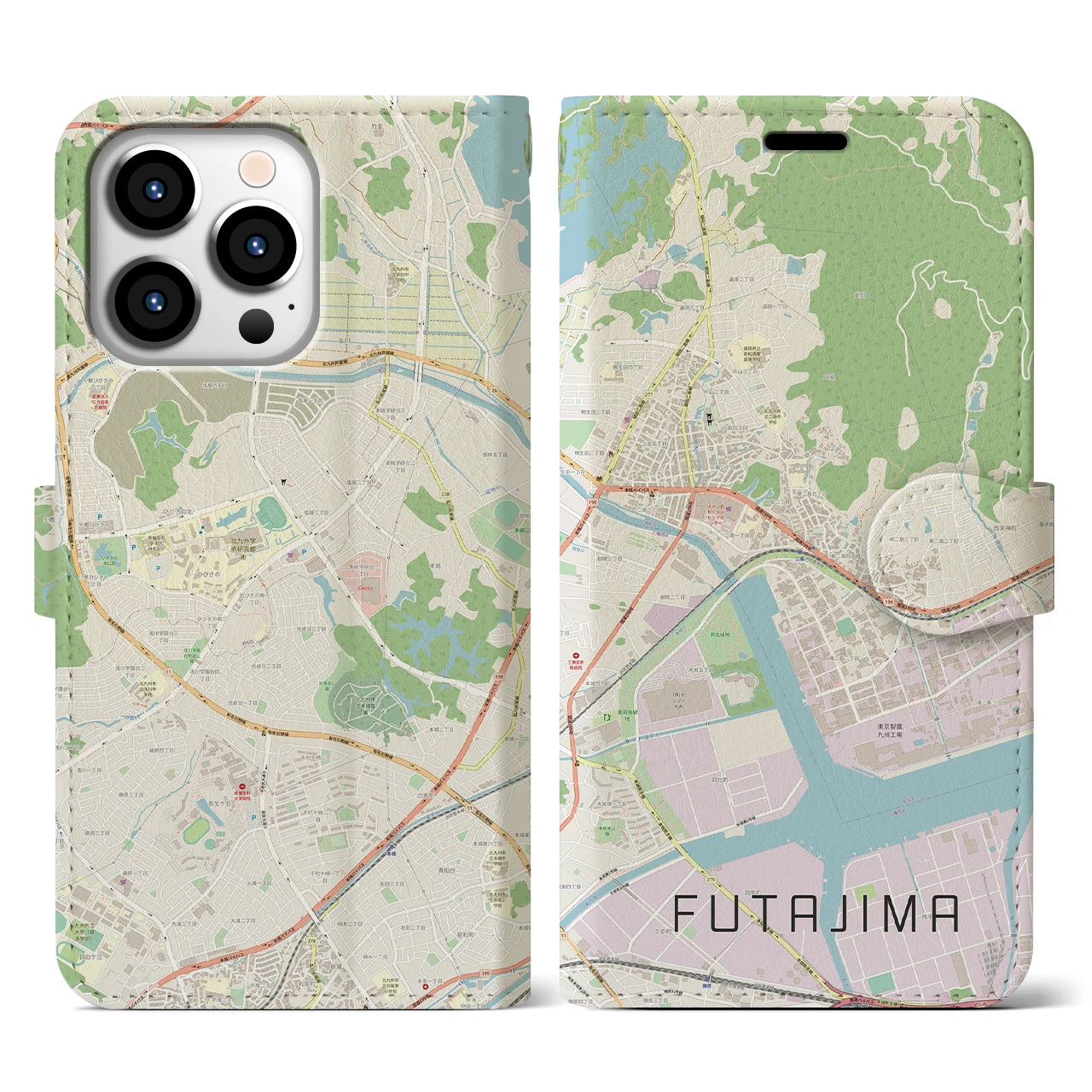 【二島(福岡県)】地図柄iPhoneケース(手帳タイプ)ナチュラル・iPhone 13 Pro 用