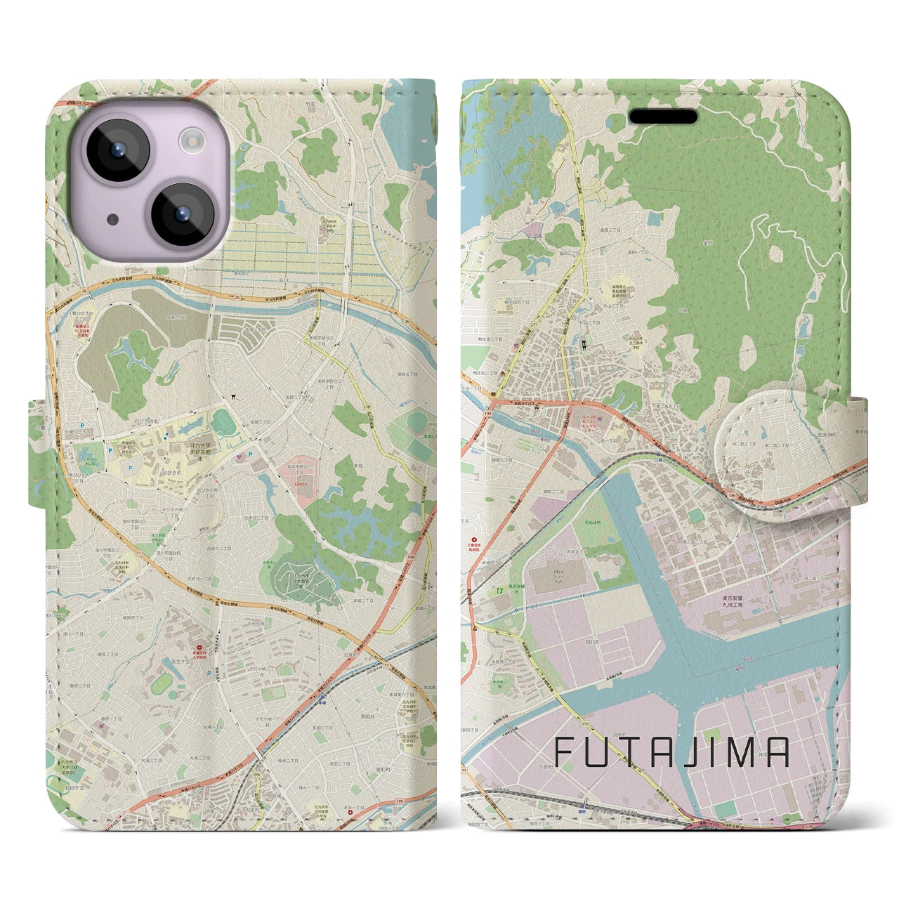 【二島(福岡県)】地図柄iPhoneケース(手帳タイプ)ナチュラル・iPhone 14 用