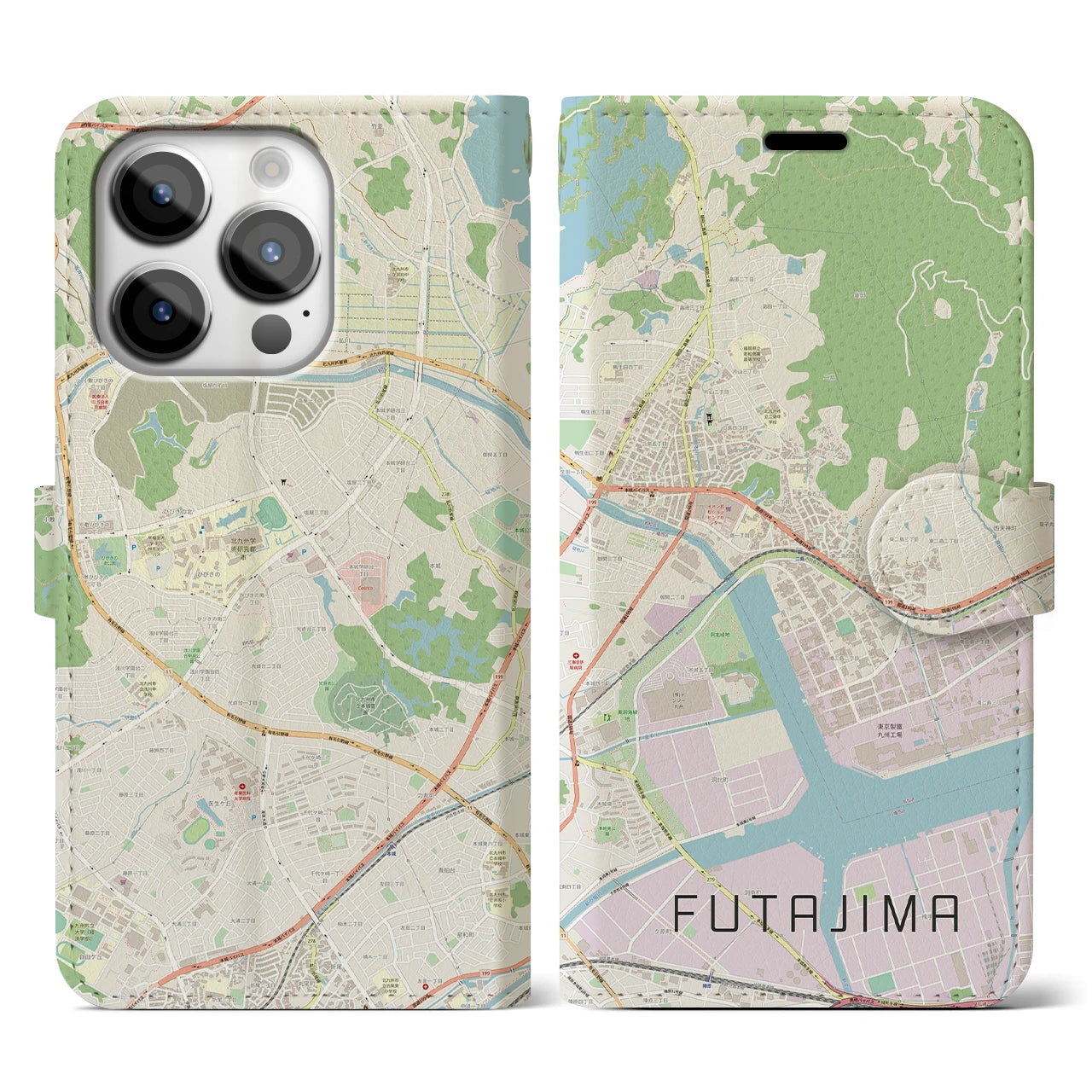 【二島(福岡県)】地図柄iPhoneケース(手帳タイプ)ナチュラル・iPhone 14 Pro 用