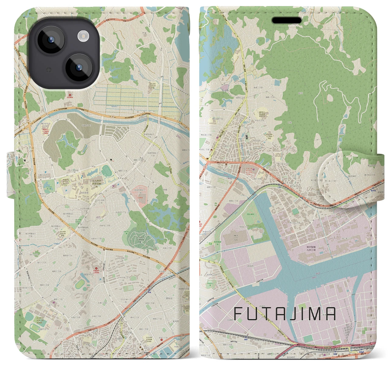 【二島(福岡県)】地図柄iPhoneケース(手帳タイプ)ナチュラル・iPhone 14 Plus 用
