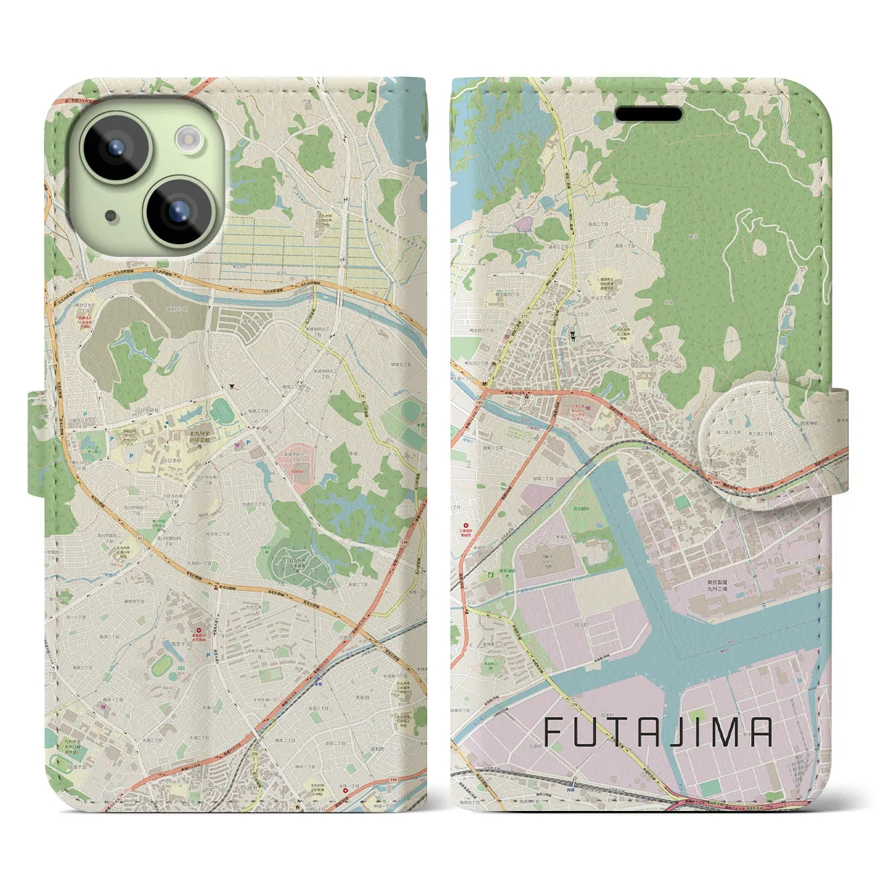 【二島(福岡県)】地図柄iPhoneケース(手帳タイプ)ナチュラル・iPhone 15 用