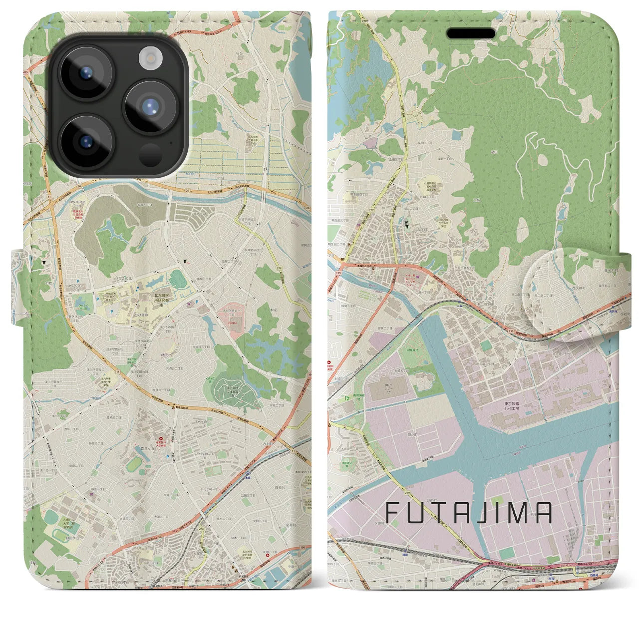 【二島(福岡県)】地図柄iPhoneケース(手帳タイプ)ナチュラル・iPhone 15 Pro Max 用
