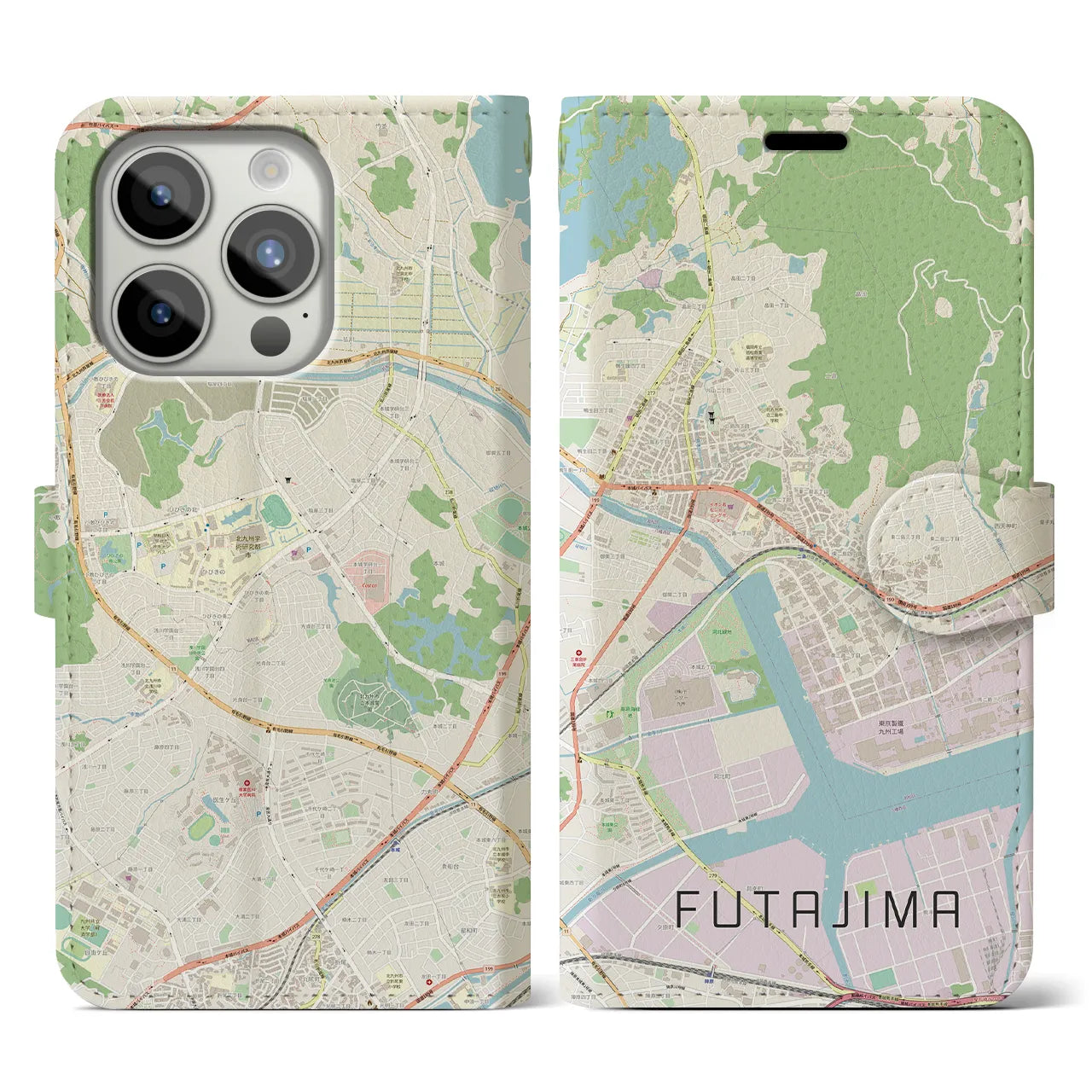 【二島(福岡県)】地図柄iPhoneケース(手帳タイプ)ナチュラル・iPhone 15 Pro 用