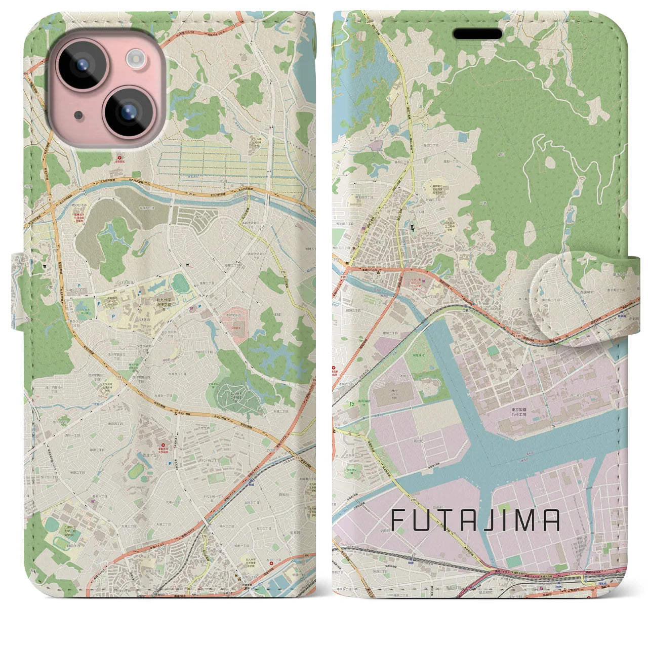 【二島(福岡県)】地図柄iPhoneケース(手帳タイプ)ナチュラル・iPhone 15 Plus 用