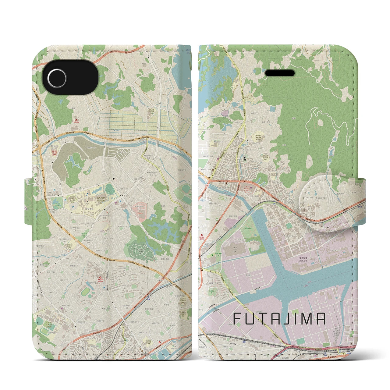 【二島(福岡県)】地図柄iPhoneケース(手帳タイプ)ナチュラル・iPhone SE(第3 / 第2世代) / 8 / 7 / 6s / 6 用