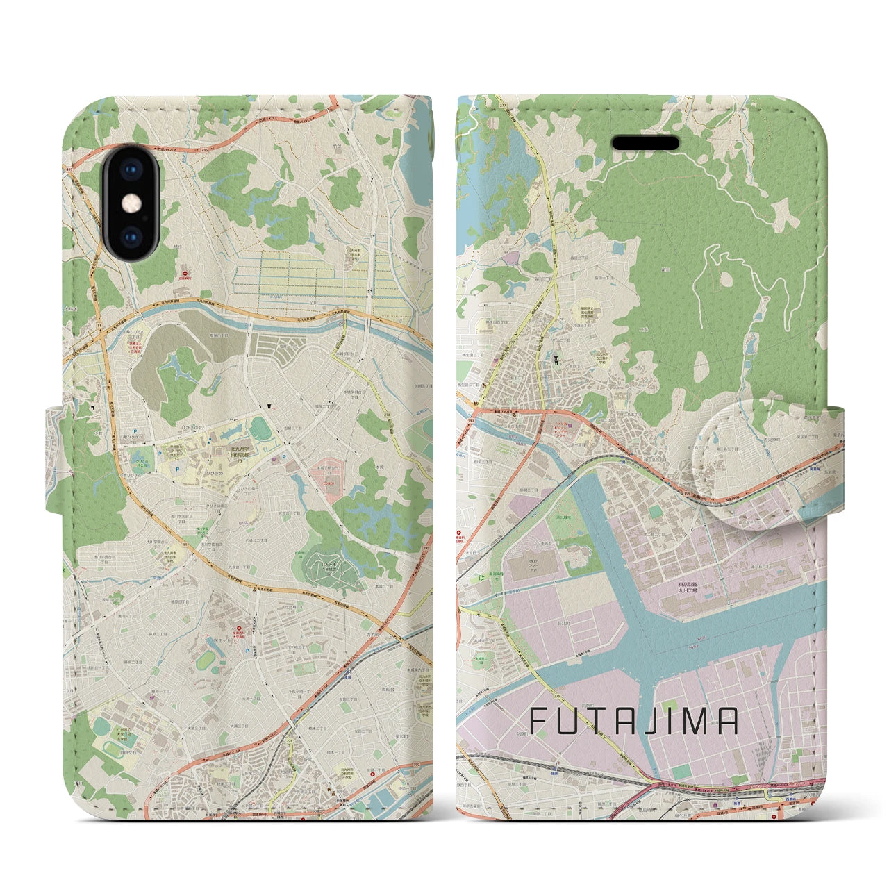【二島(福岡県)】地図柄iPhoneケース(手帳タイプ)ナチュラル・iPhone XS / X 用