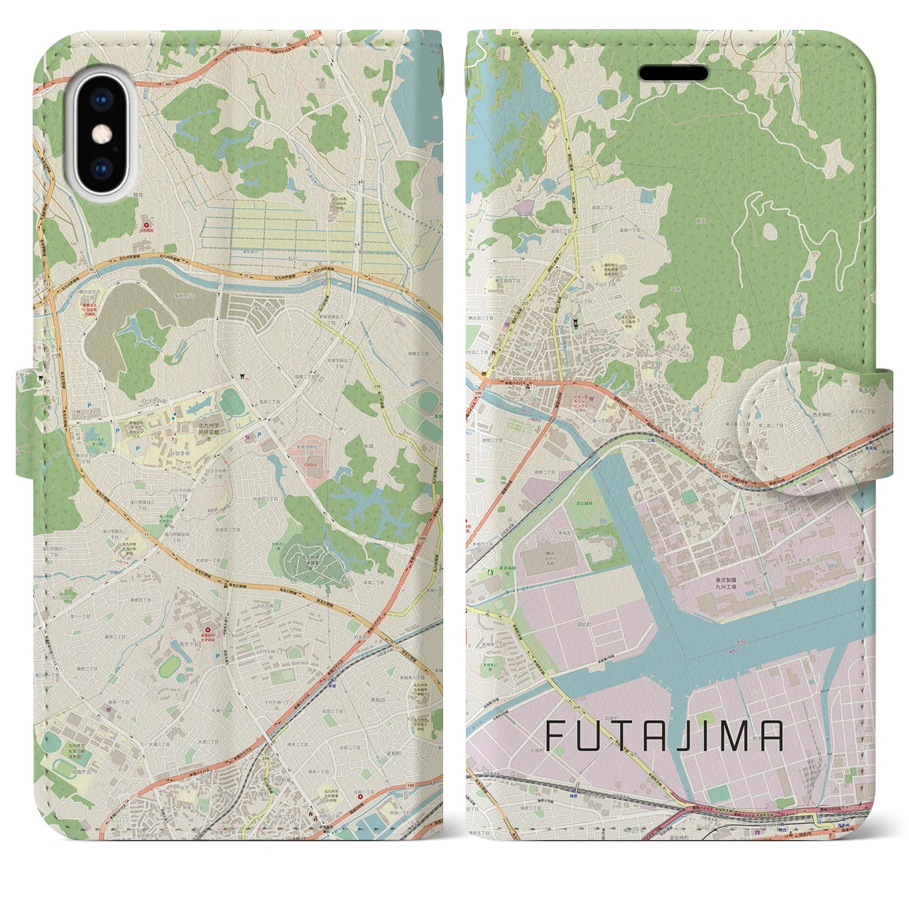 【二島(福岡県)】地図柄iPhoneケース(手帳タイプ)ナチュラル・iPhone XS Max 用