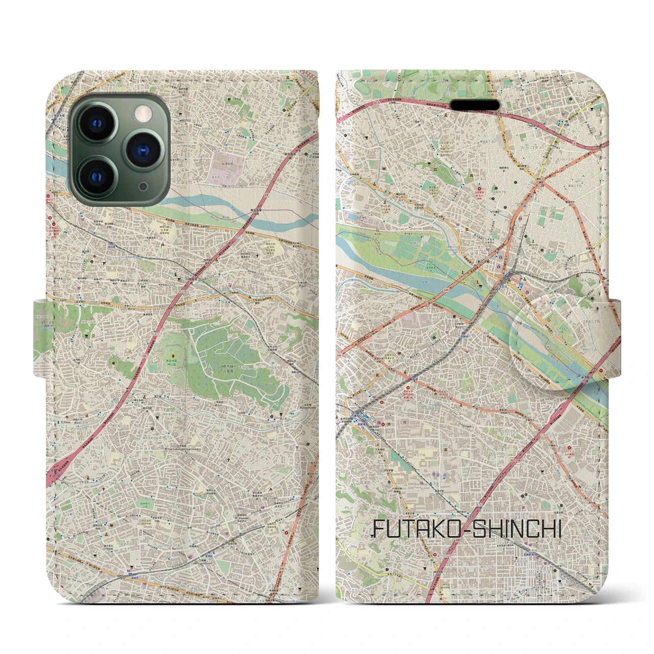 【二子新地(神奈川県)】地図柄iPhoneケース(手帳タイプ)ナチュラル・iPhone 11 Pro 用